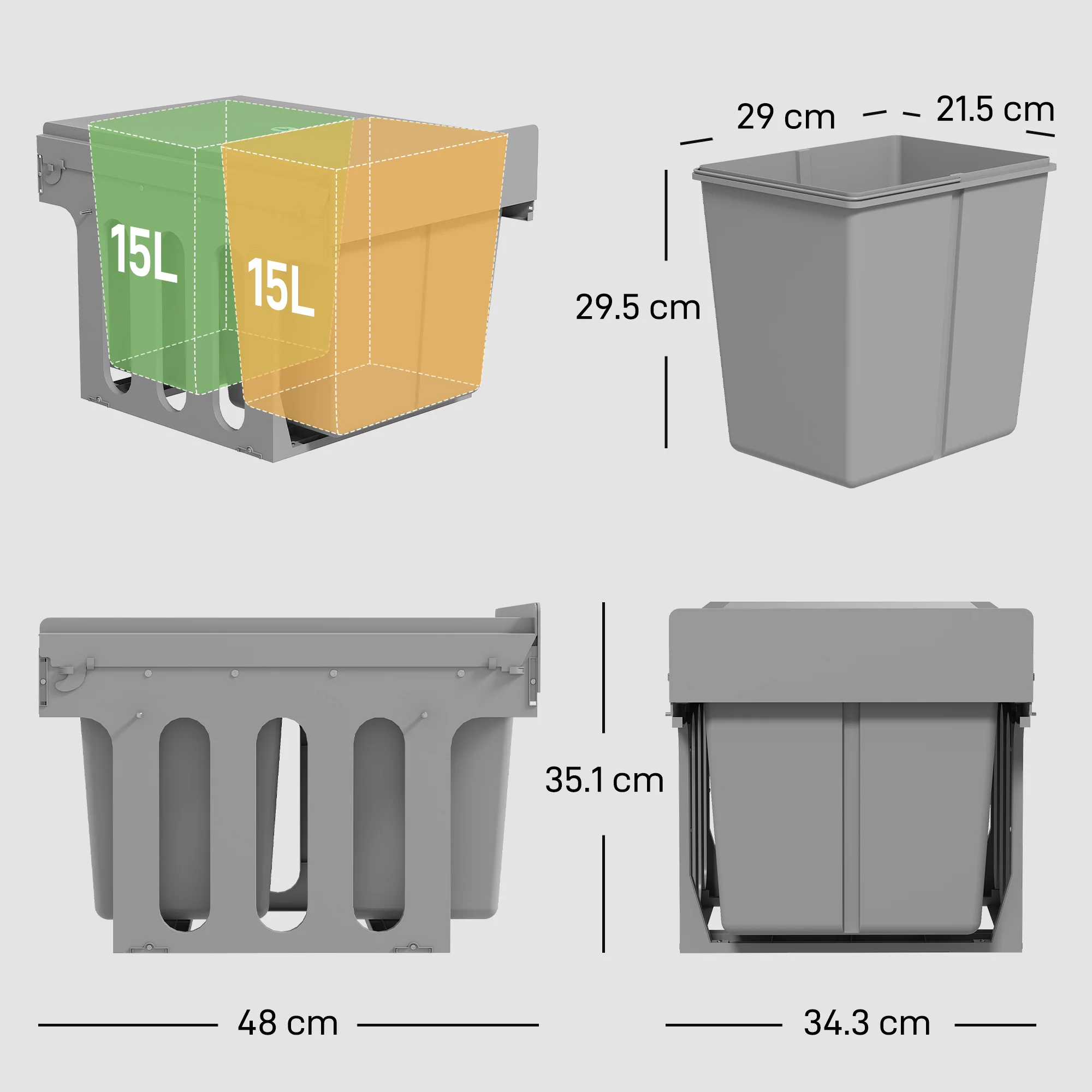HOMCOM Soft Close Pull Out Bin, Under Sink Bin - 2 Compartments (15L Each) - Image 5
