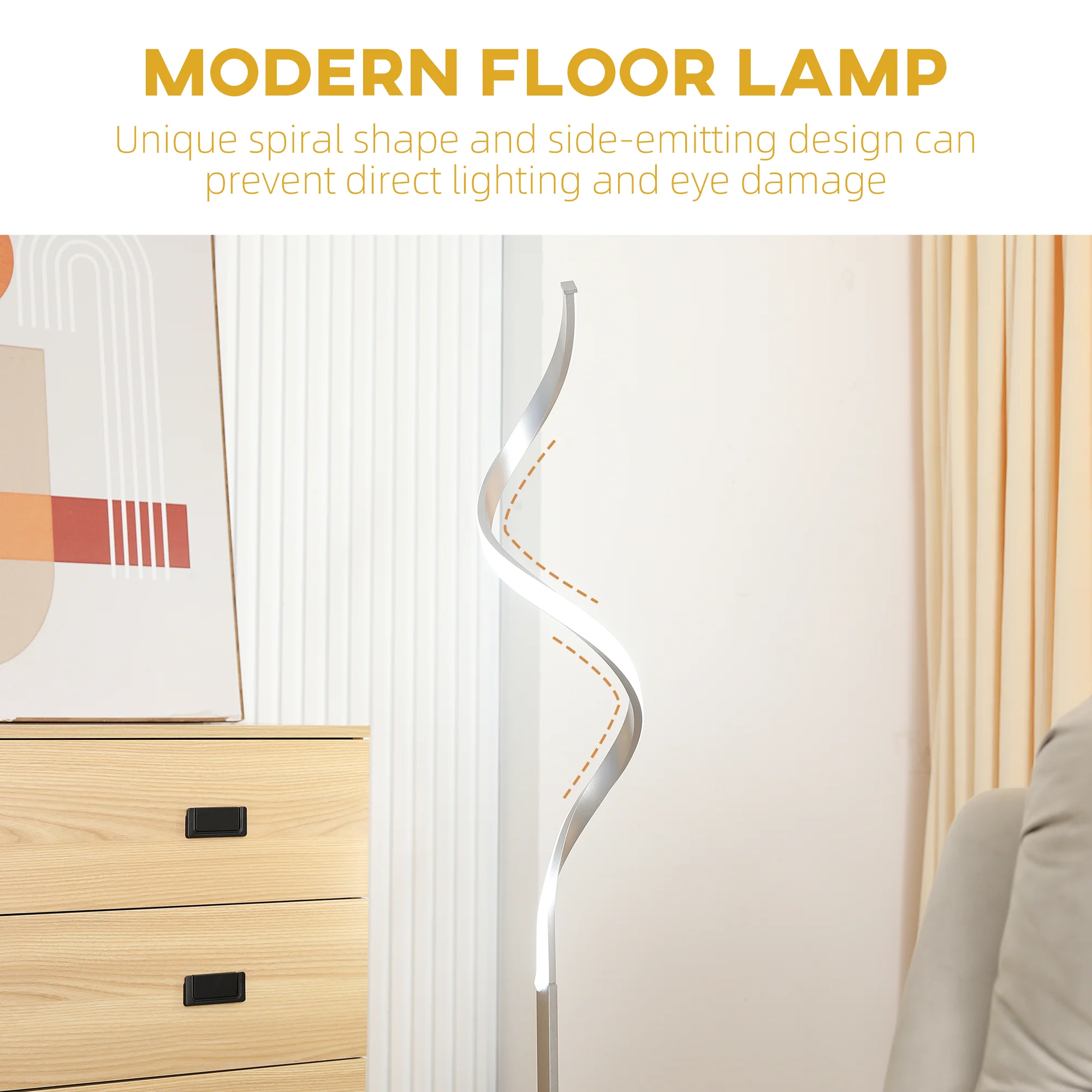 HOMCOM Spiral Floor Lamp for Living Room with 3 Adjustable Brightness, Silver - Image 2
