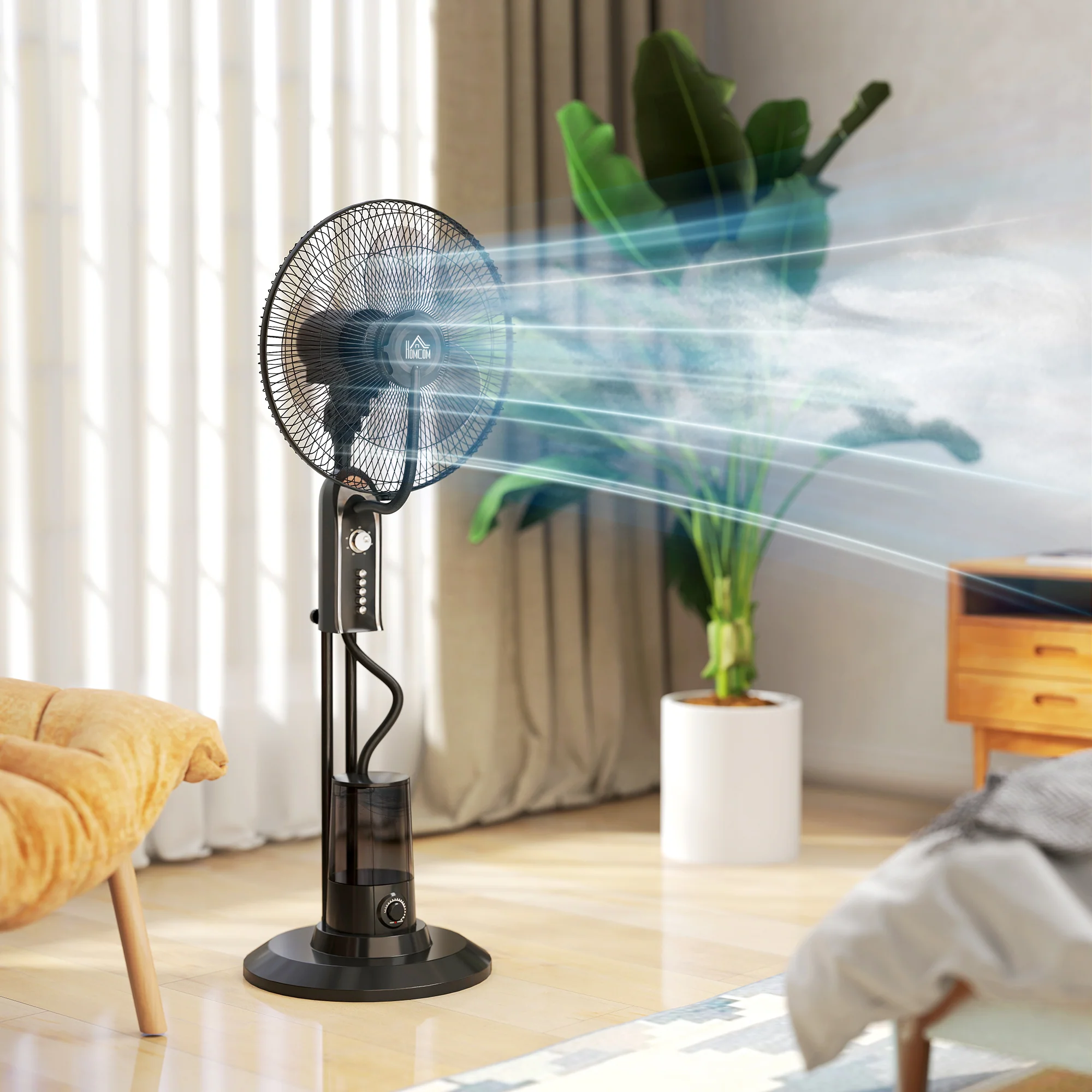 HOMCOM Spray Misting Fan, Pedestal Fan W/ Oscillation, Tilt, 4 Speeds - Image 2