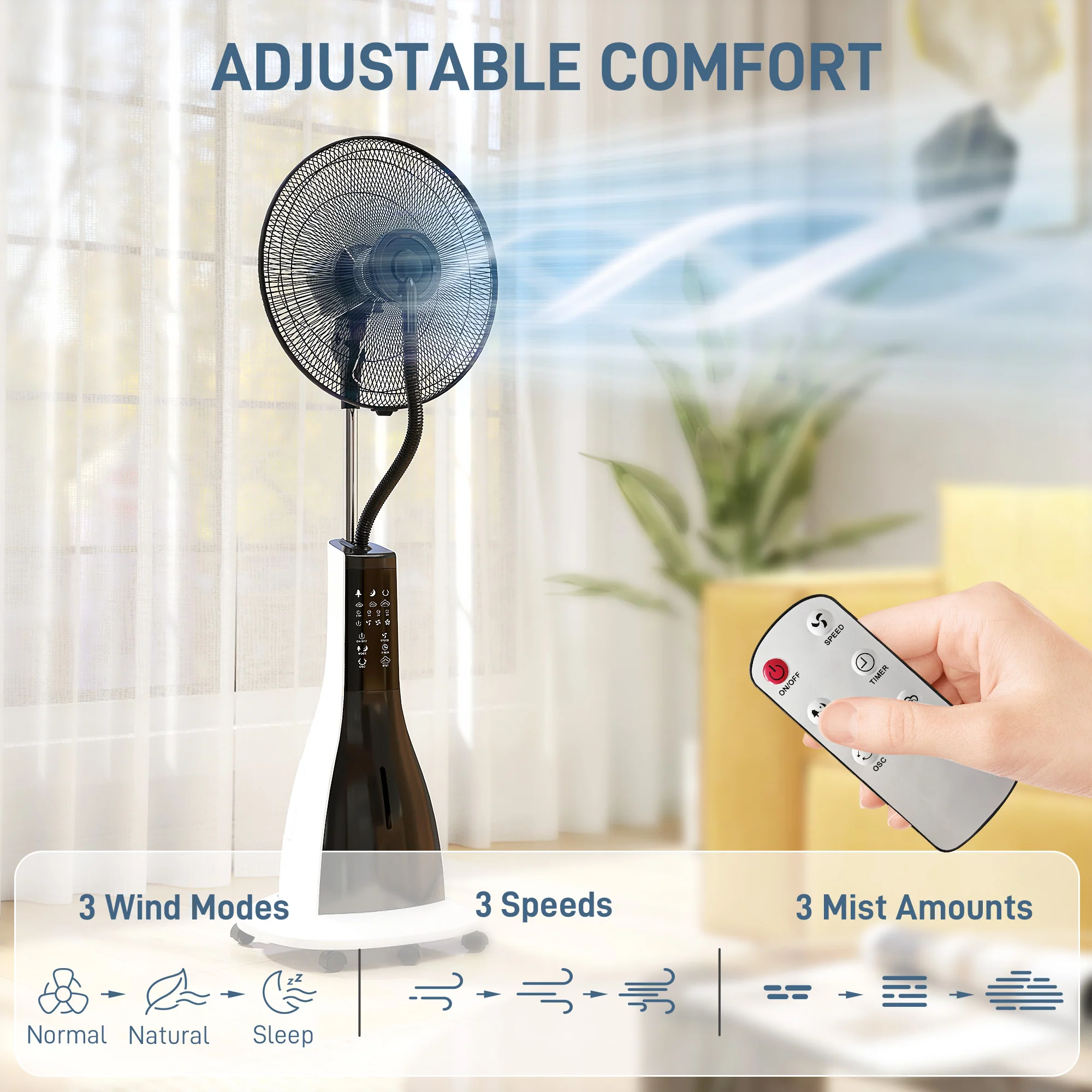 HOMCOM Spray Misting Fan, Pedestal Fan With Oscillation, Tilt, Wheels - Image 4