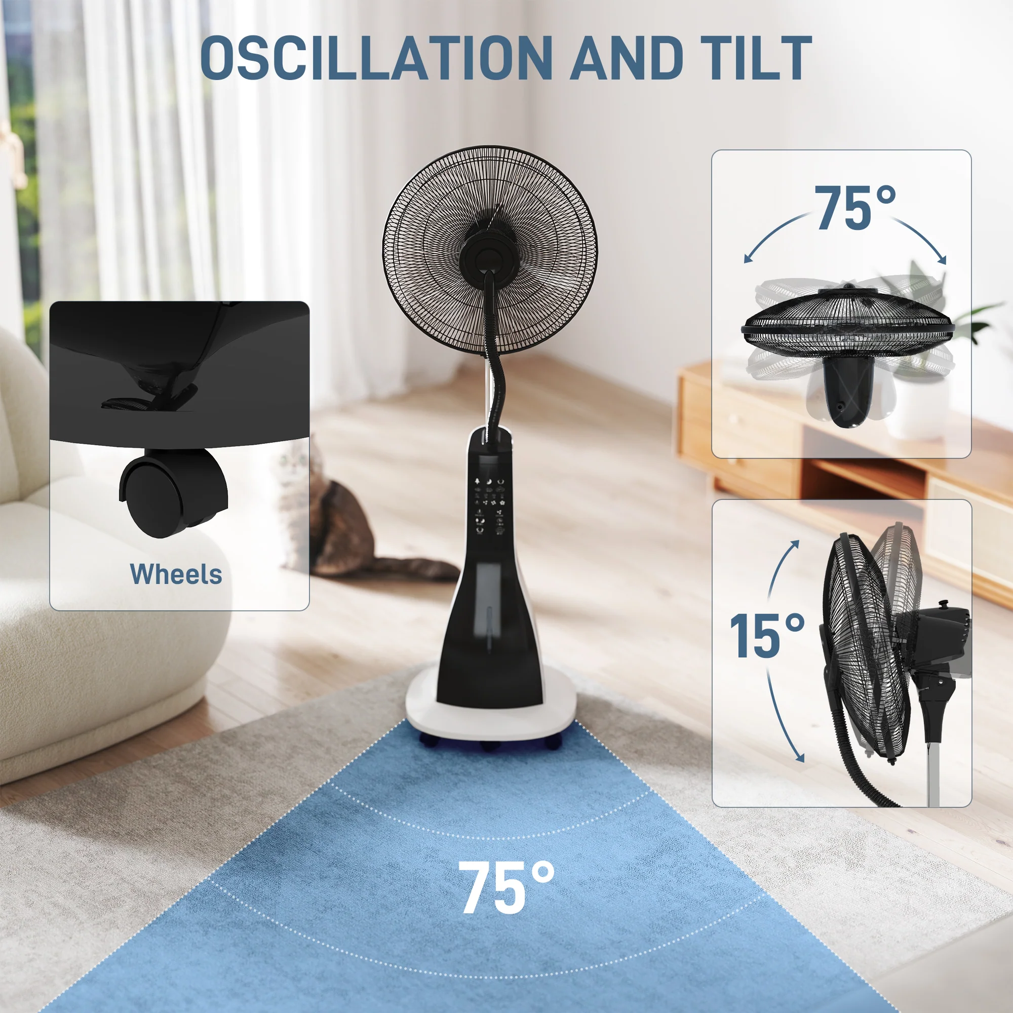 HOMCOM Spray Misting Fan, Pedestal Fan With Oscillation, Tilt, Wheels - Image 6