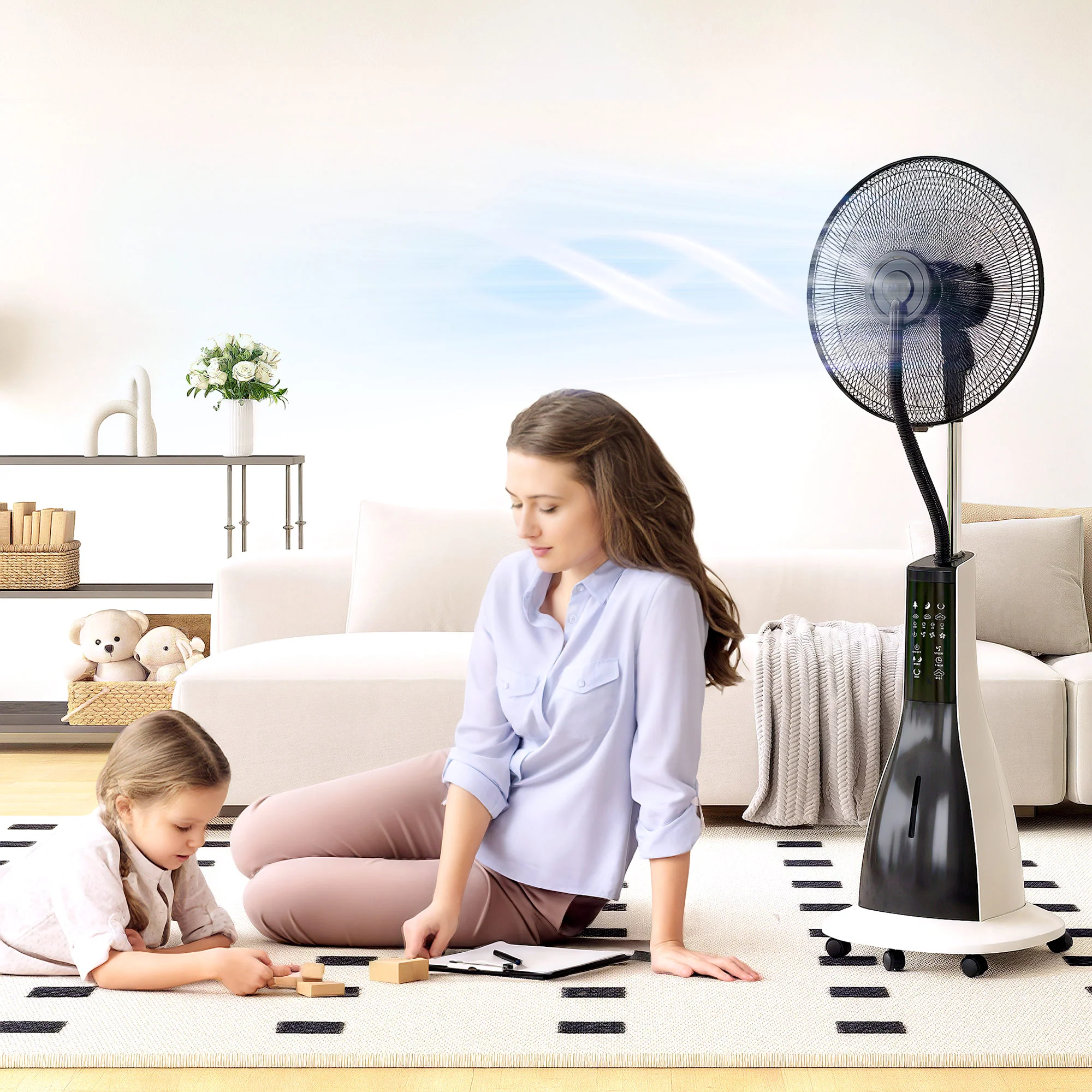 HOMCOM Spray Misting Fan, Pedestal Fan With Oscillation, Tilt, Wheels - Image 9