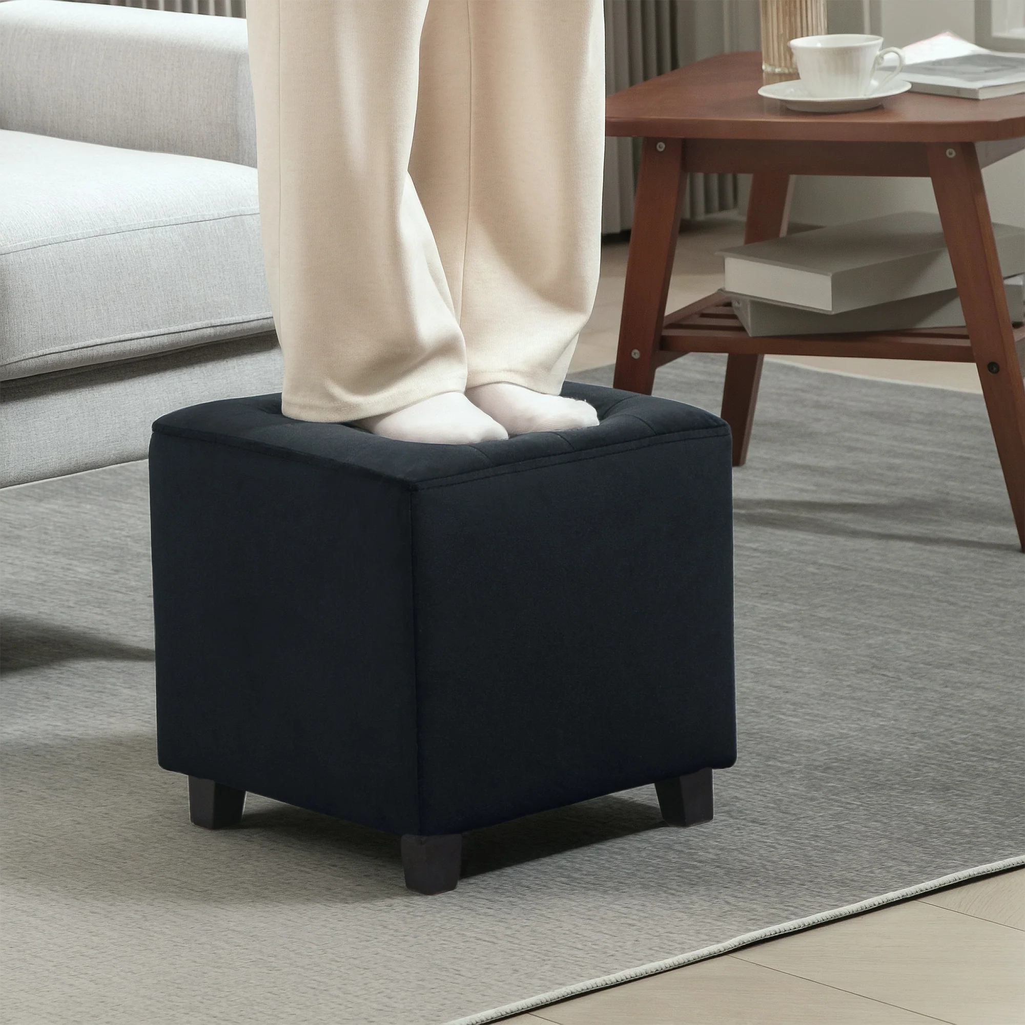 HOMCOM Square Footstool Small Ottoman With Wood Legs For Bedroom - Image 18