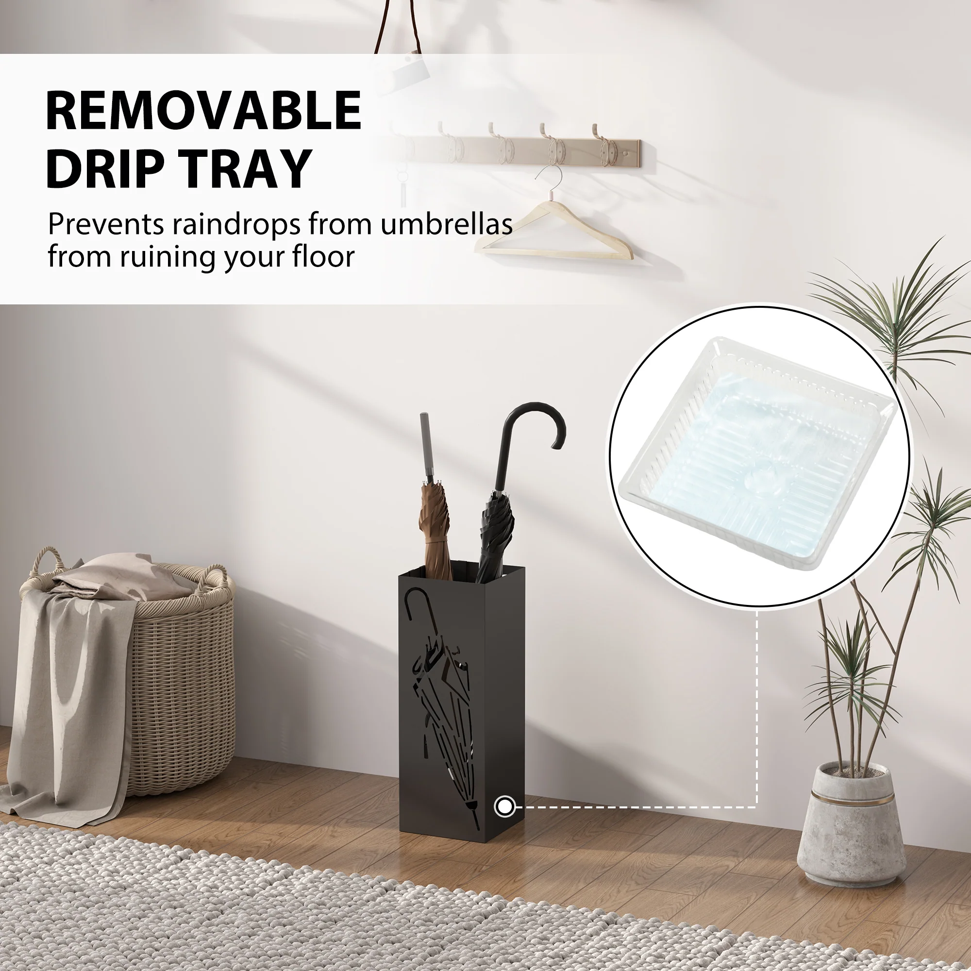HOMCOM Square Umbrella Holder with Hooks and Water Tray for Entryway Black - Image 3