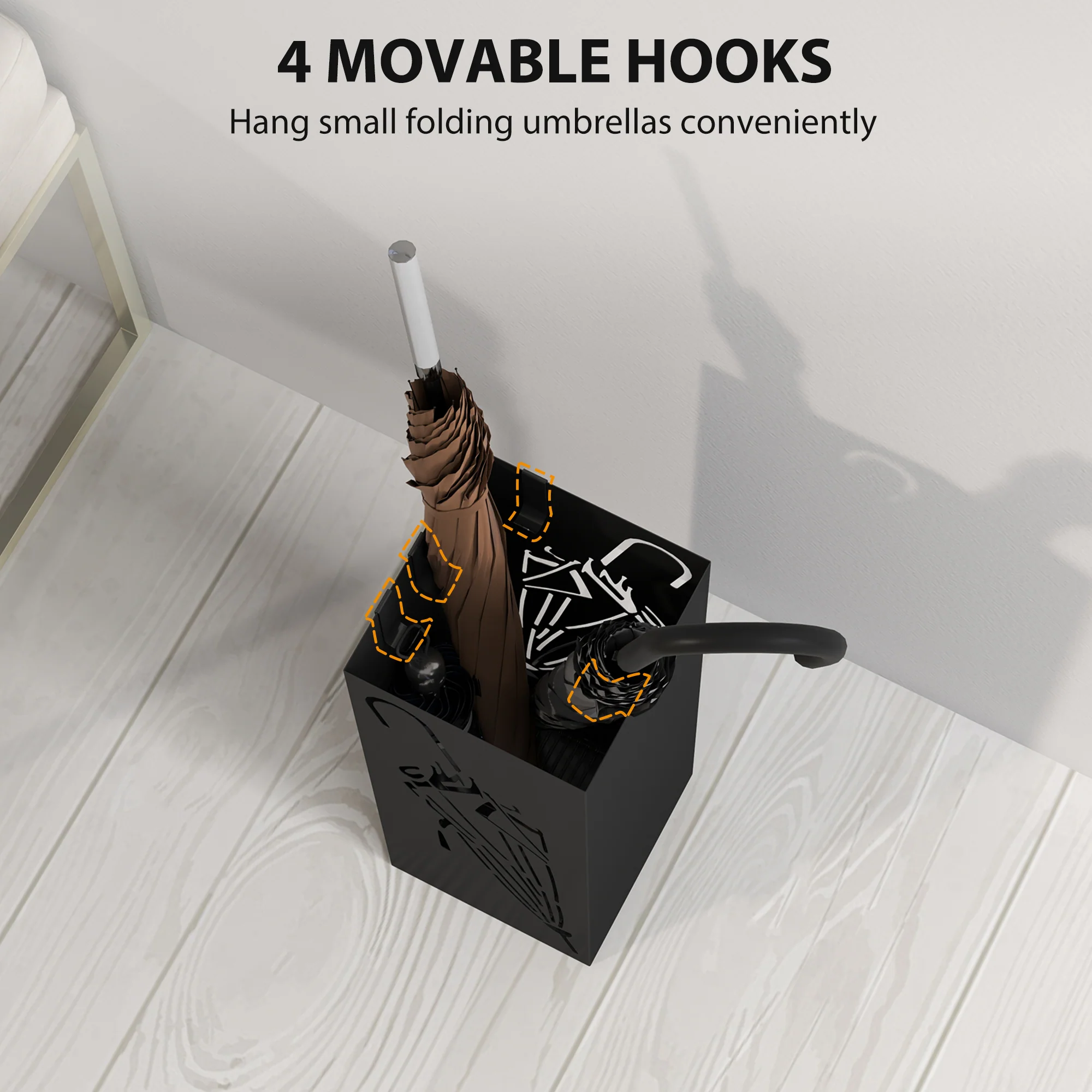 HOMCOM Square Umbrella Holder with Hooks and Water Tray for Entryway Black - Image 4