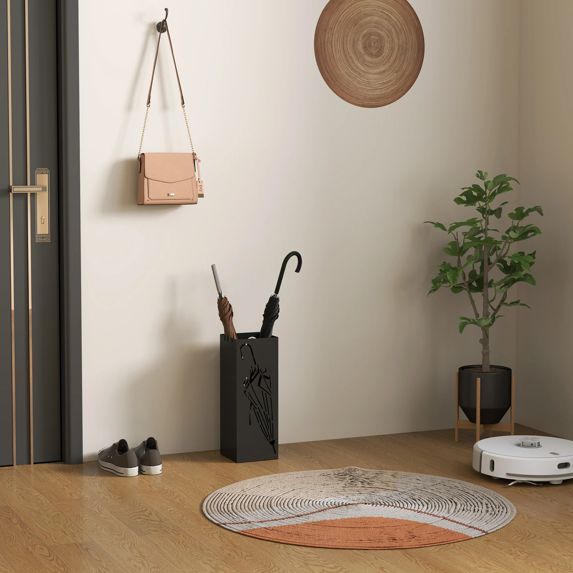 HOMCOM Square Umbrella Holder with Hooks and Water Tray for Entryway Black - Image 6