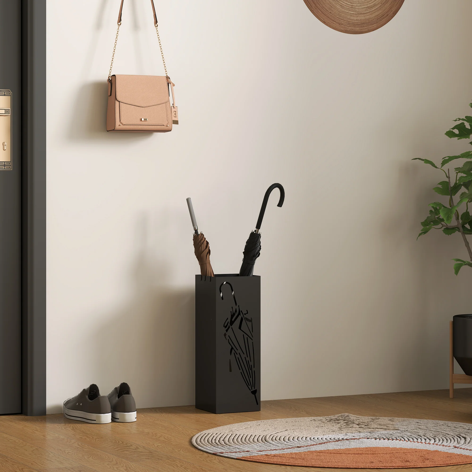 HOMCOM Square Umbrella Holder with Hooks and Water Tray for Entryway Black - Image 8