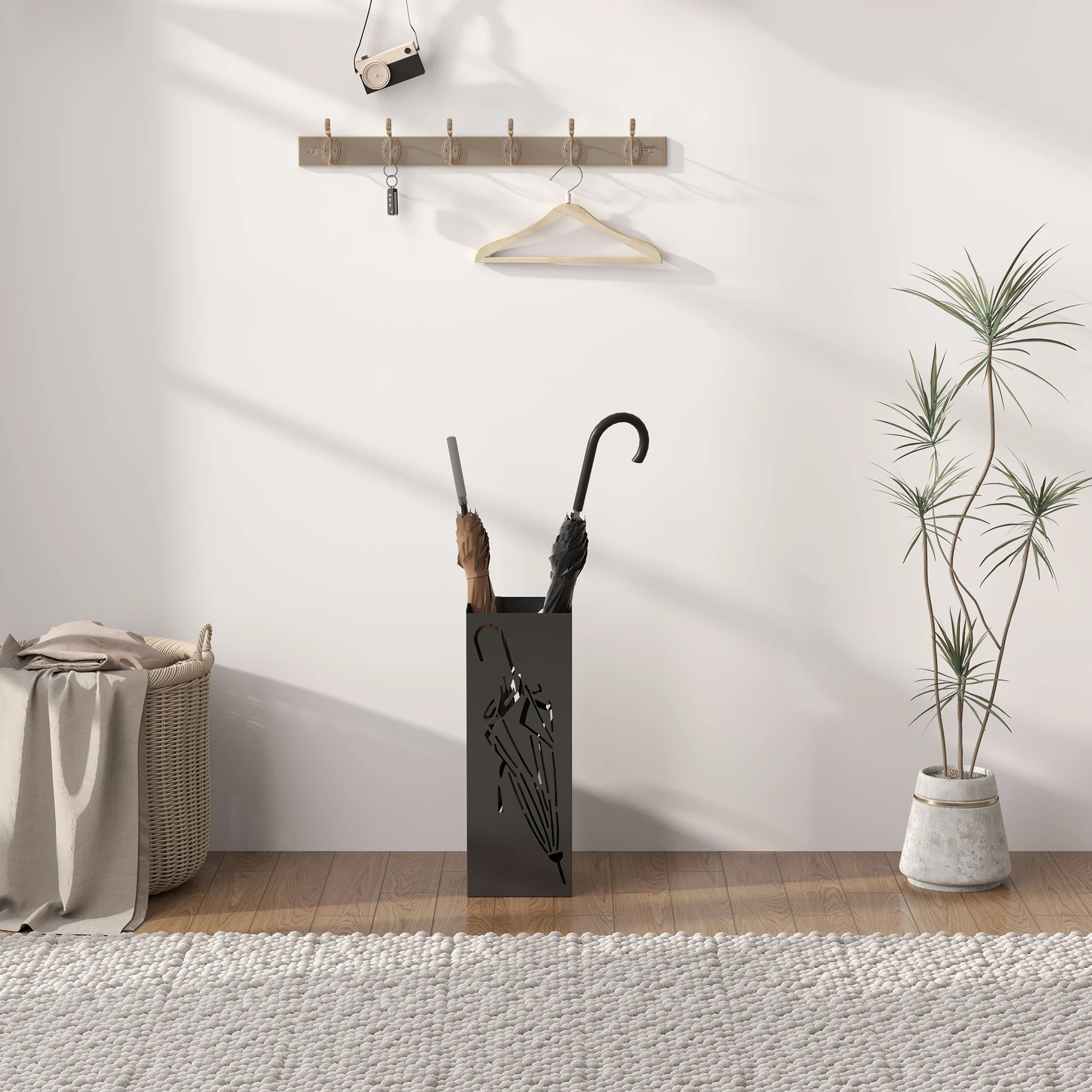 HOMCOM Square Umbrella Holder with Hooks and Water Tray for Entryway Black - Image 9