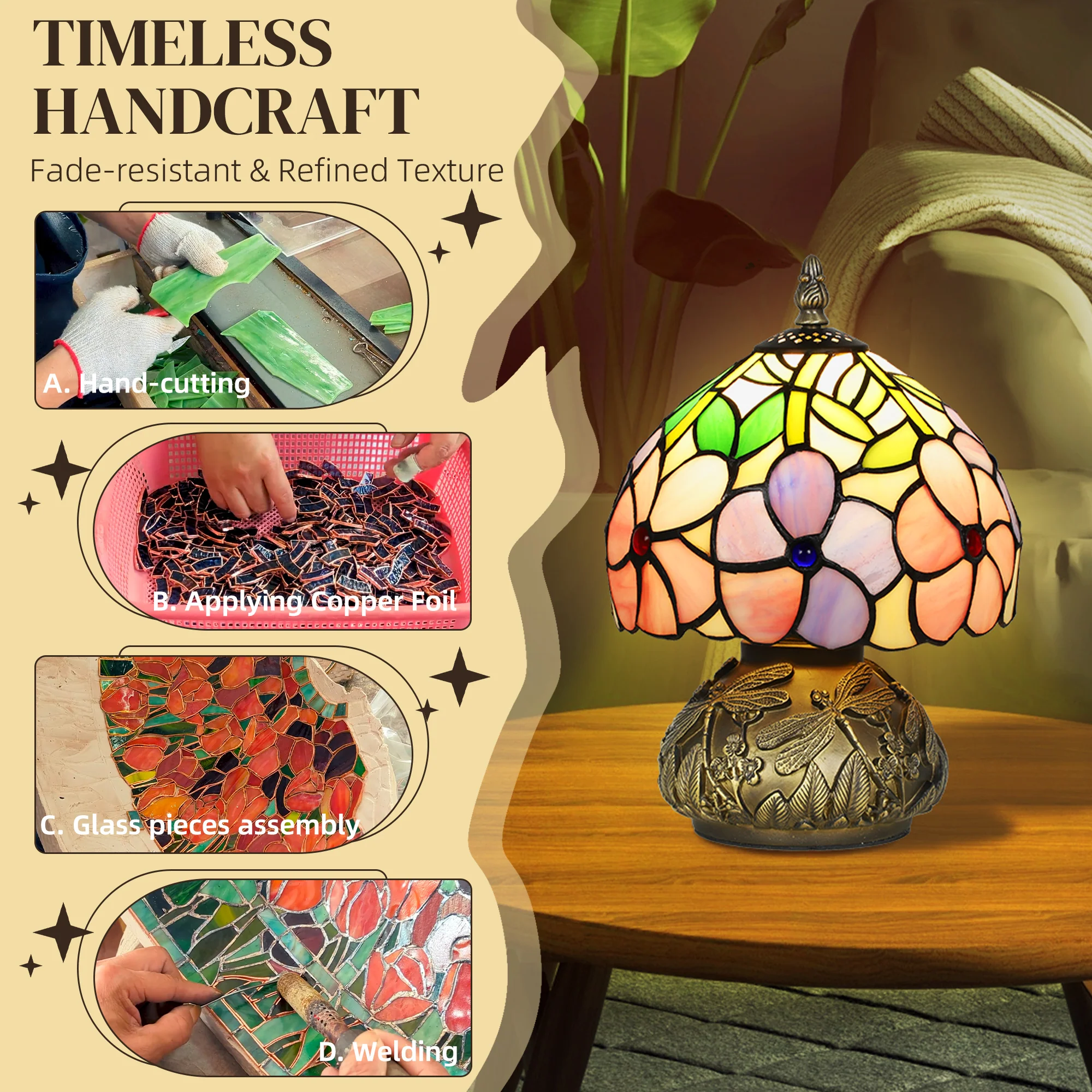 HOMCOM Stained Glass Bedside Lamp, Tiffany Style Table Lamp for Bedroom - Image 4