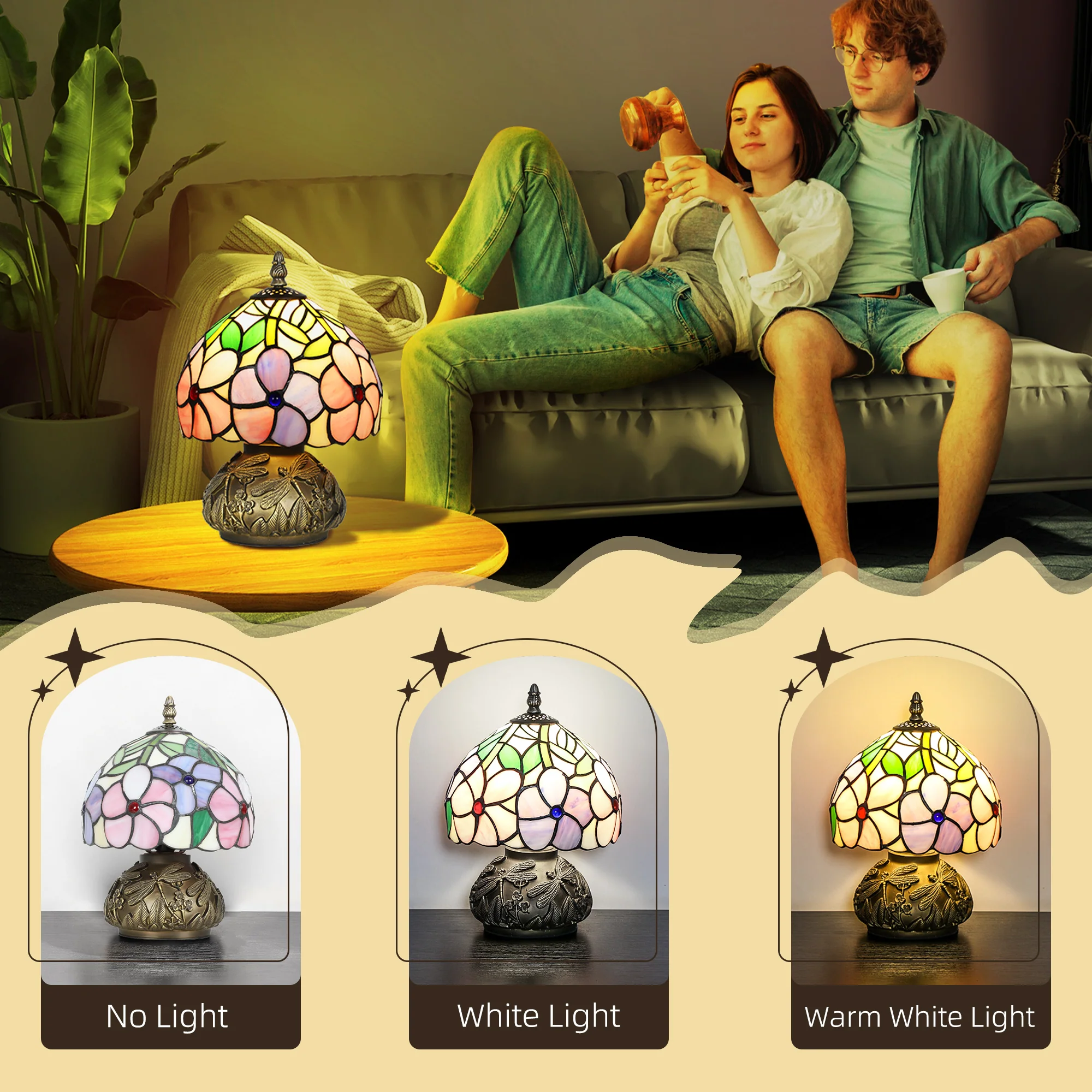 HOMCOM Stained Glass Bedside Lamp, Tiffany Style Table Lamp for Bedroom - Image 6