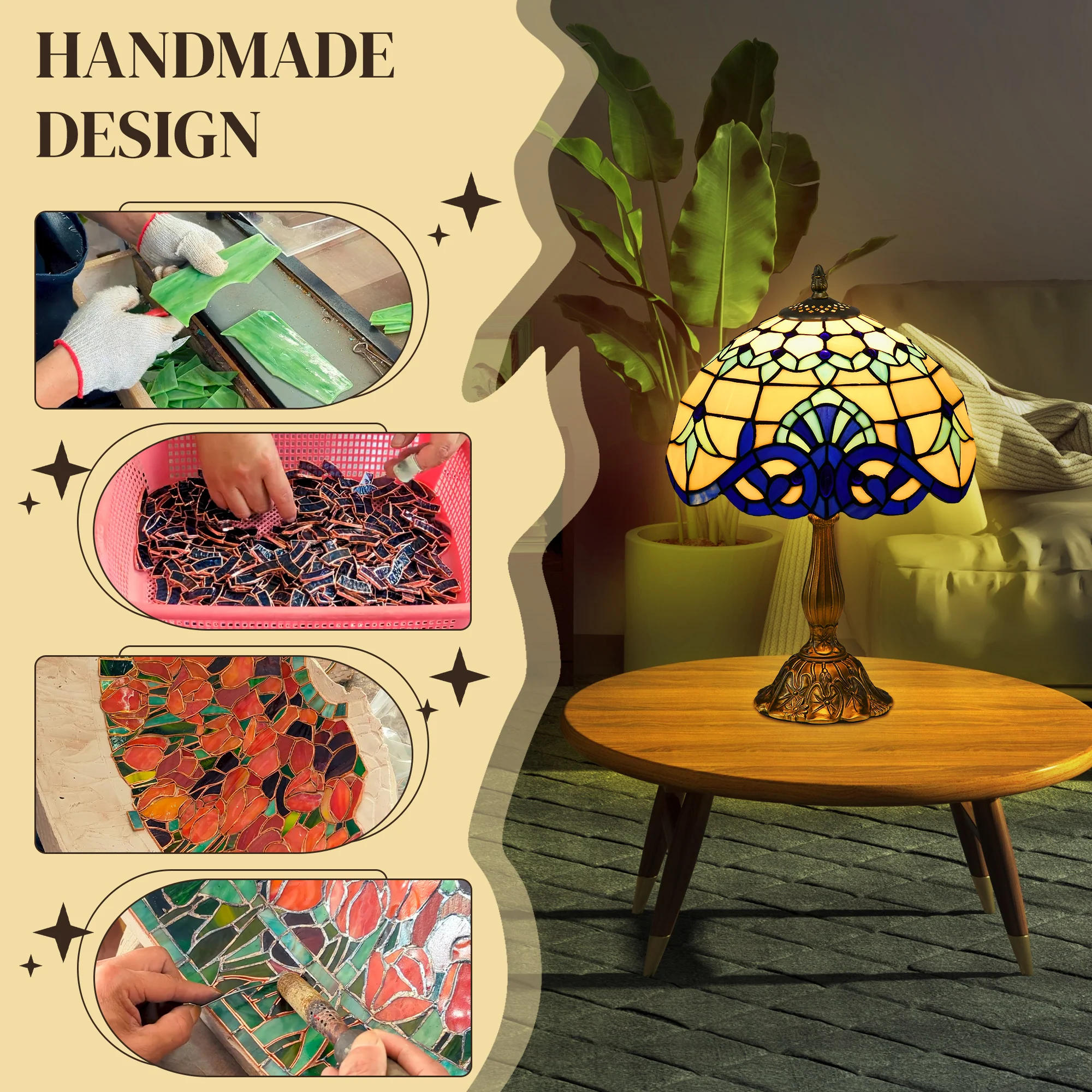 HOMCOM Stained Glass Table Lamp, For Bedroom Bedside, Bulb Not Included - Image 3