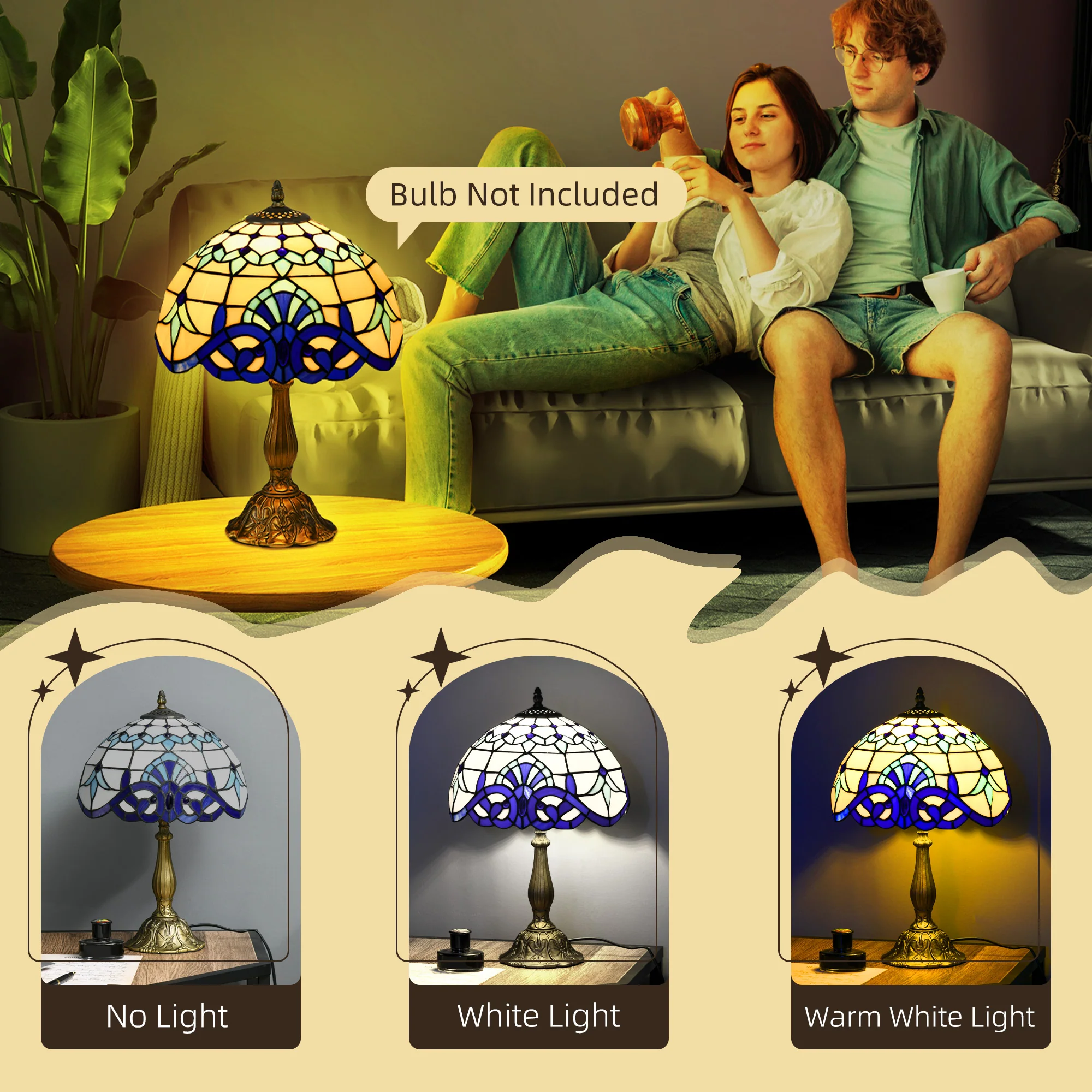 HOMCOM Stained Glass Table Lamp, For Bedroom Bedside, Bulb Not Included - Image 4