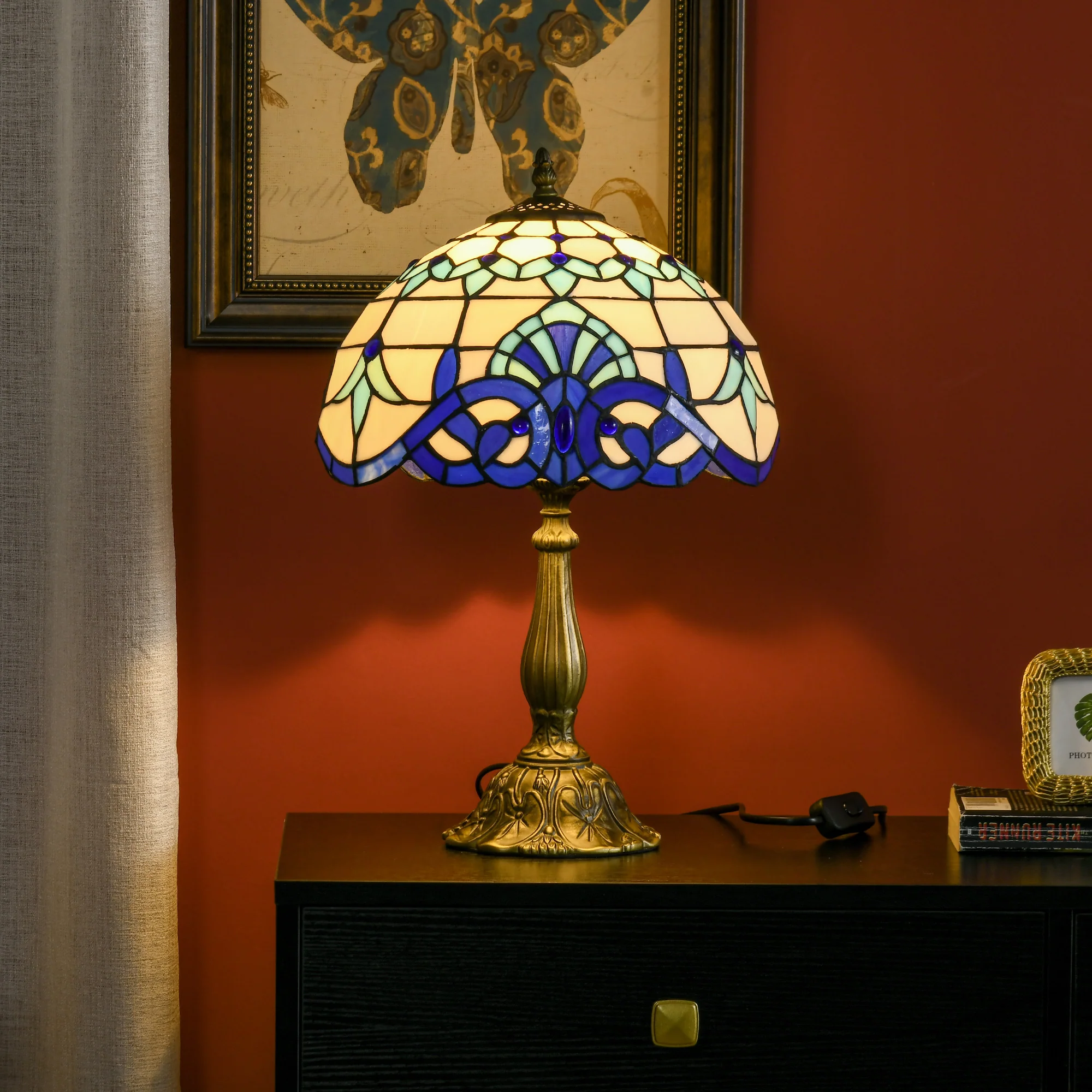 HOMCOM Stained Glass Table Lamp, For Bedroom Bedside, Bulb Not Included - Image 6