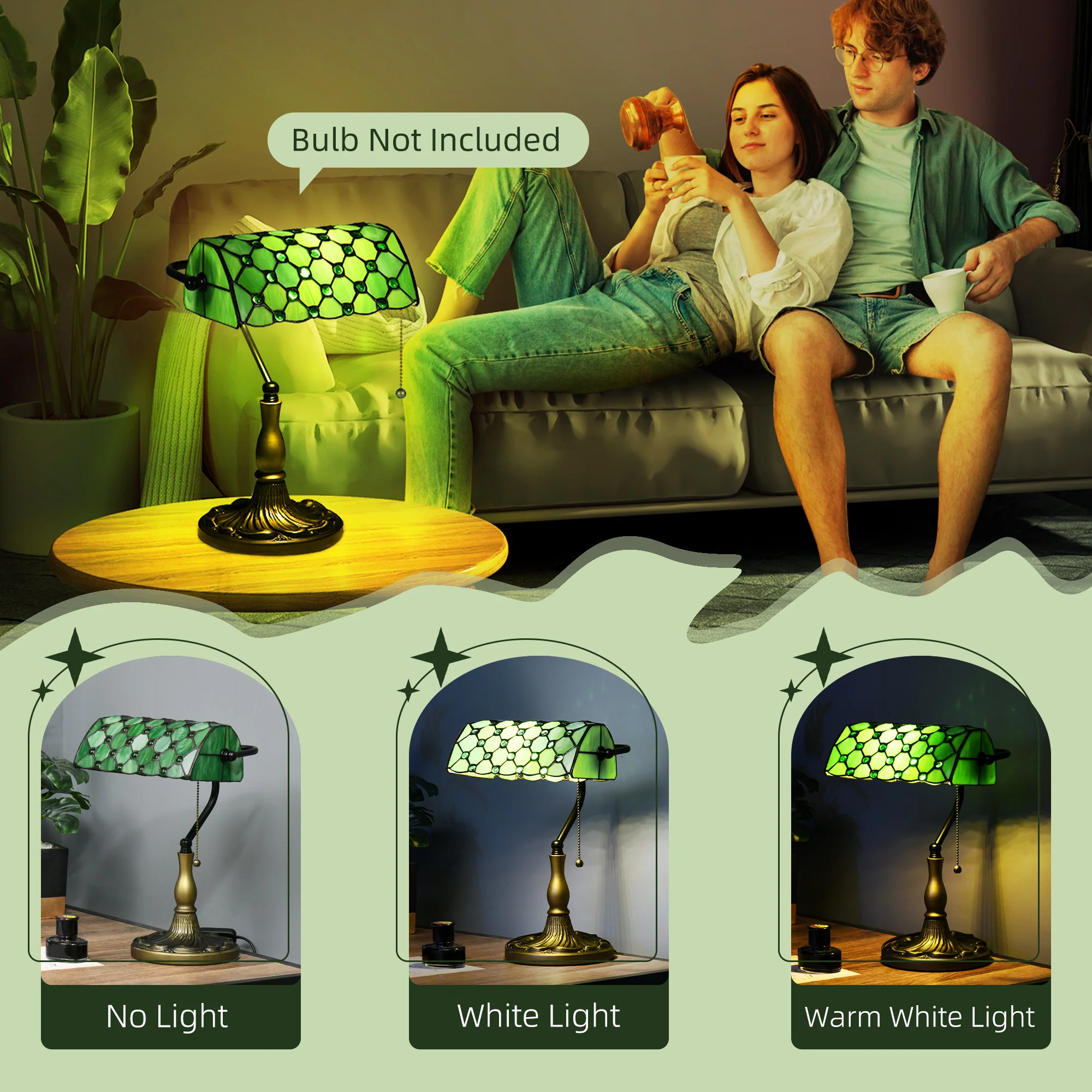 HOMCOM Stained Green Glass Table Lamp, For Bedroom Bedside, Bulb Not Included - Image 4