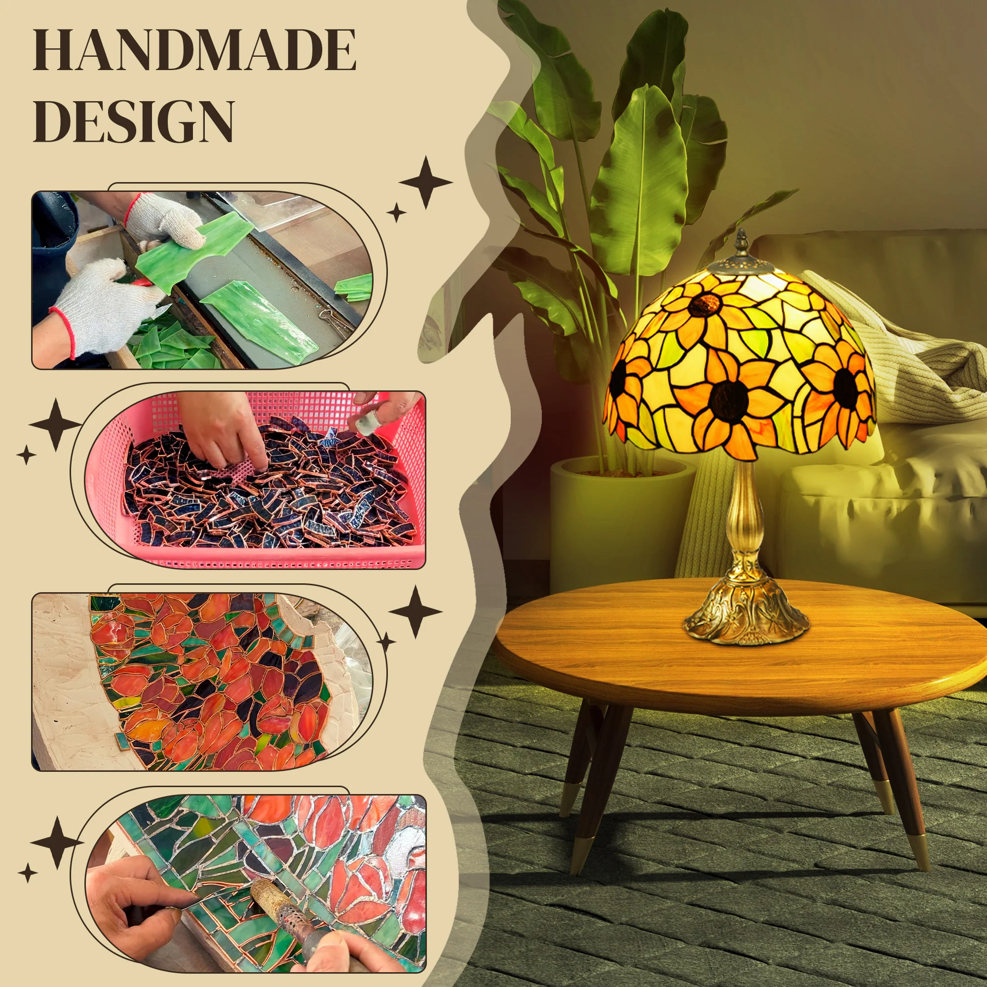 HOMCOM Stained Glass Table Lamp, Handmade Antique Bedside Lamp - Image 3