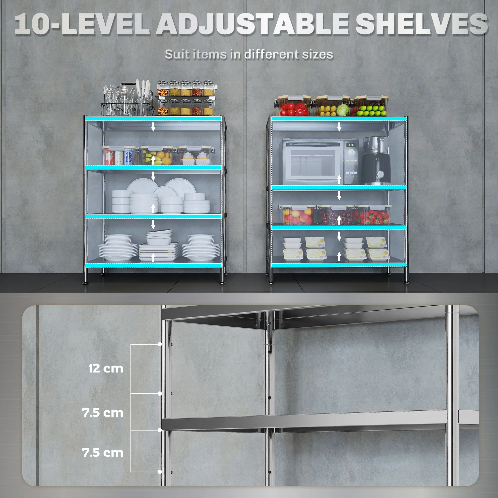 HOMCOM Stainless Steel Bakers Rack, Microwave Stand for Small Spaces - Image 15