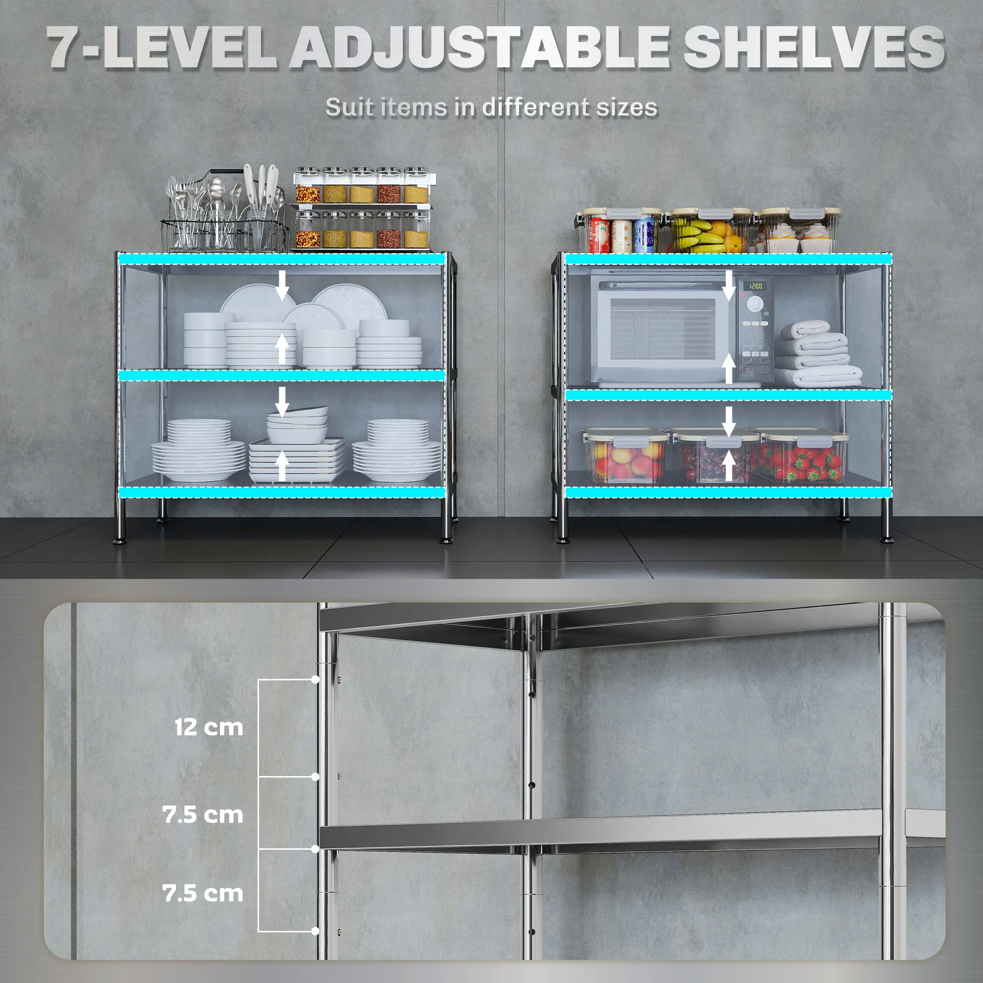 HOMCOM Stainless Steel Bakers Rack, Microwave Stand for Small Spaces - Image 6