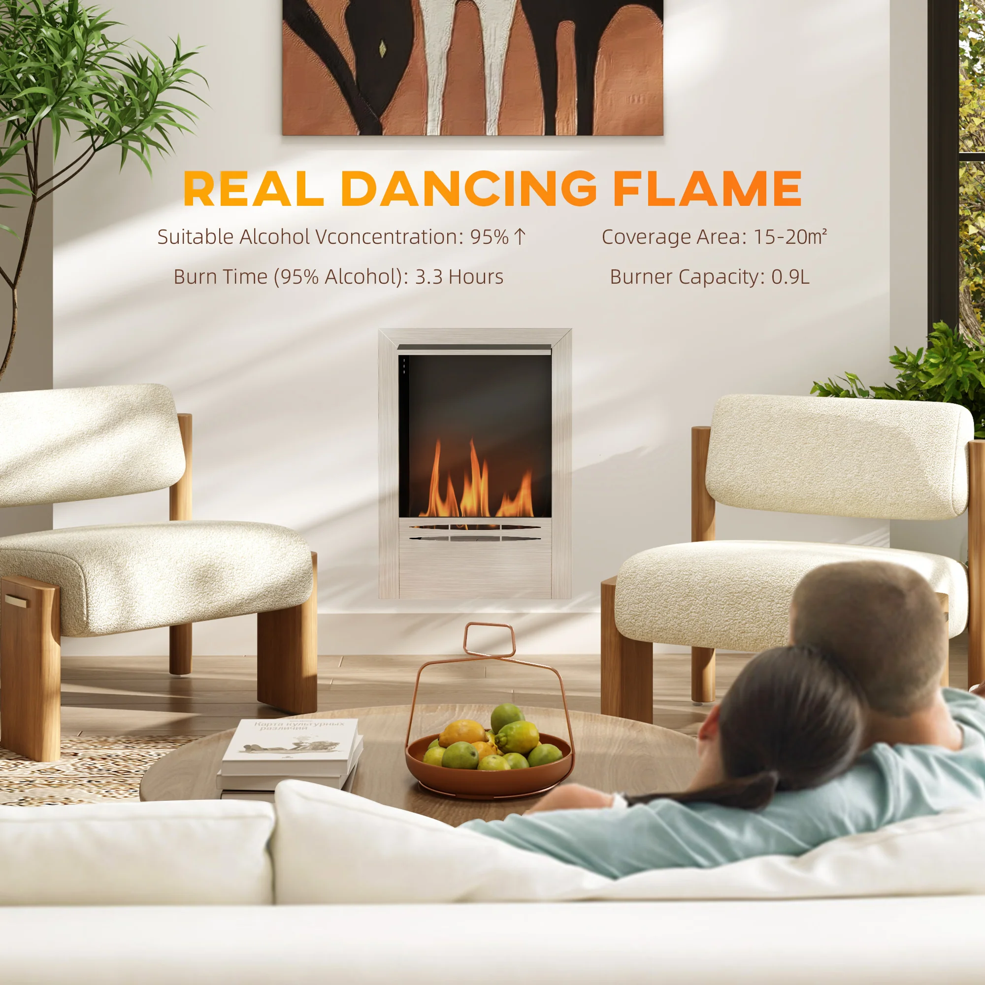 HOMCOM Stainless Steel Bioethanol Fire, Indoor Ethanol Fireplace Insert - Image 3