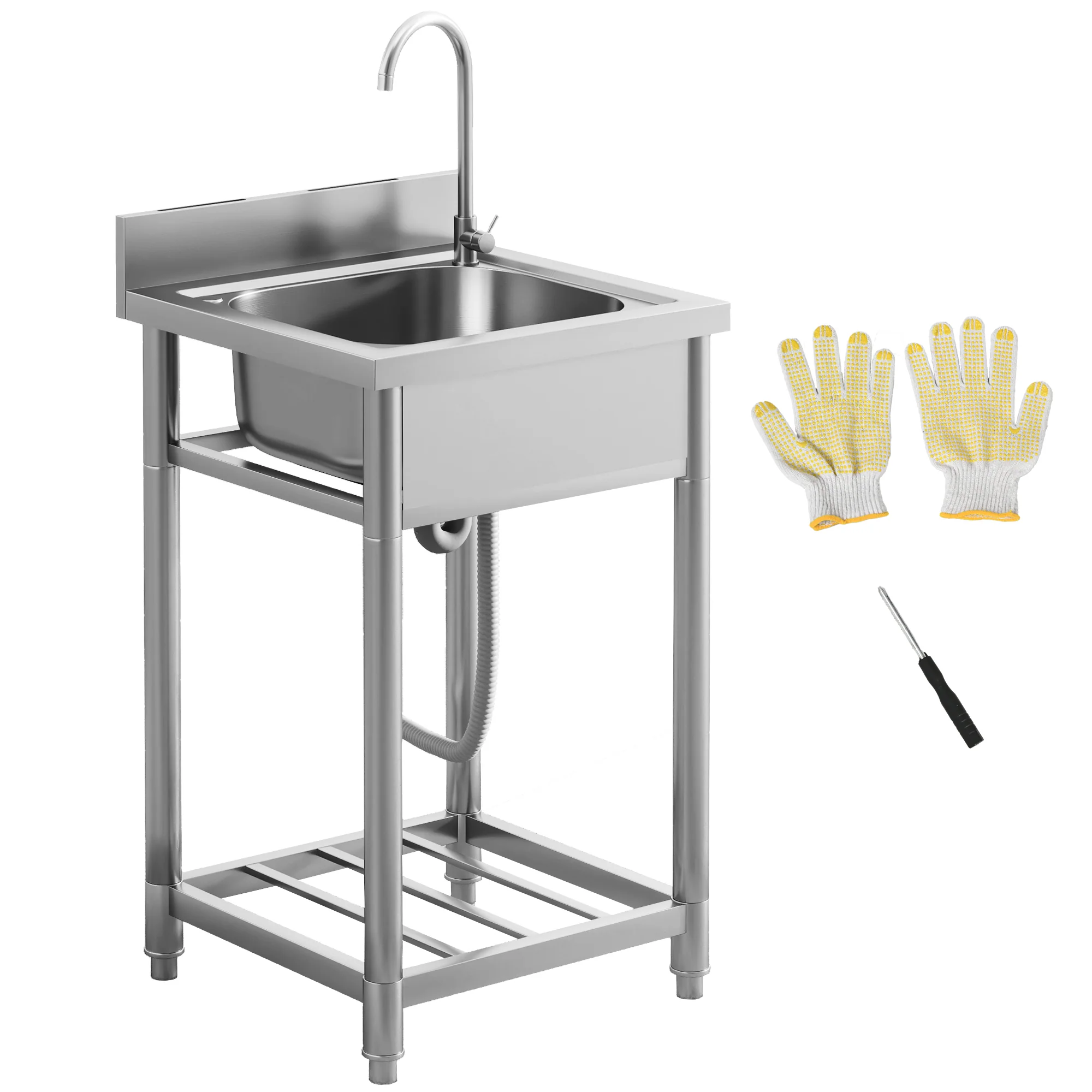 HOMCOM Stainless Steel Utility Sink with Cold and Hot Water Pipe Silver Tone
