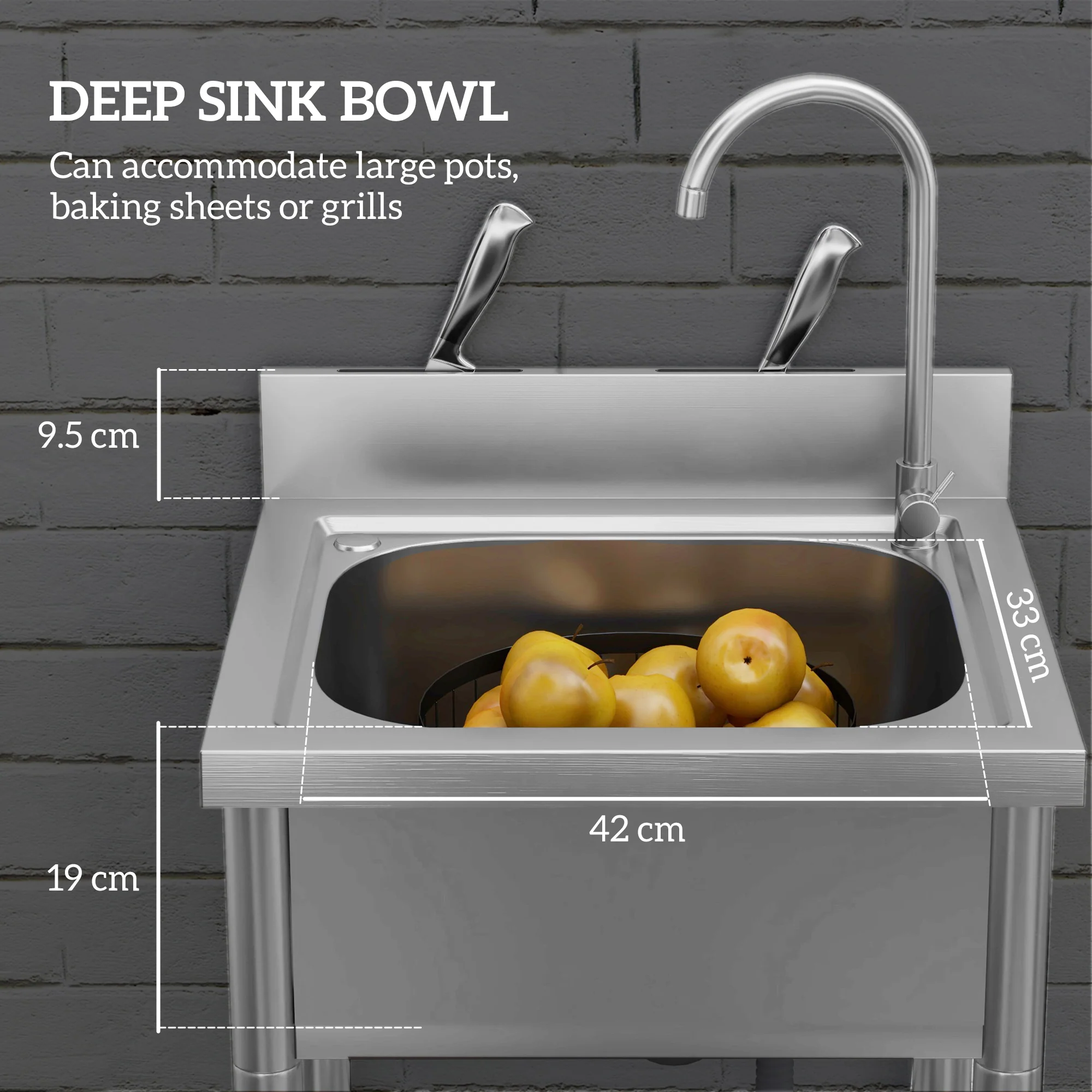 HOMCOM Stainless Steel Utility Sink with Cold and Hot Water Pipe Silver Tone - Image 3