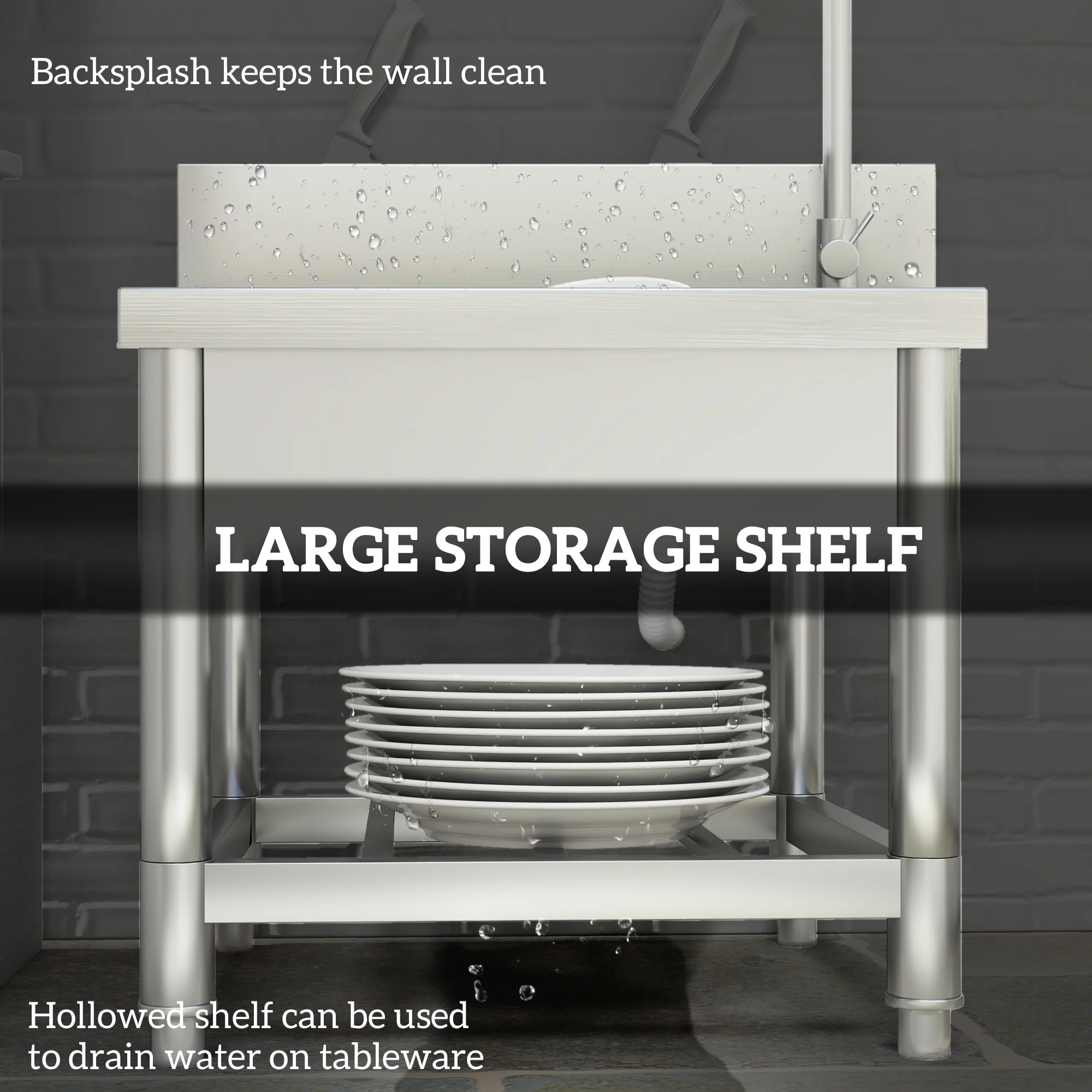HOMCOM Stainless Steel Utility Sink with Cold and Hot Water Pipe Silver Tone - Image 4