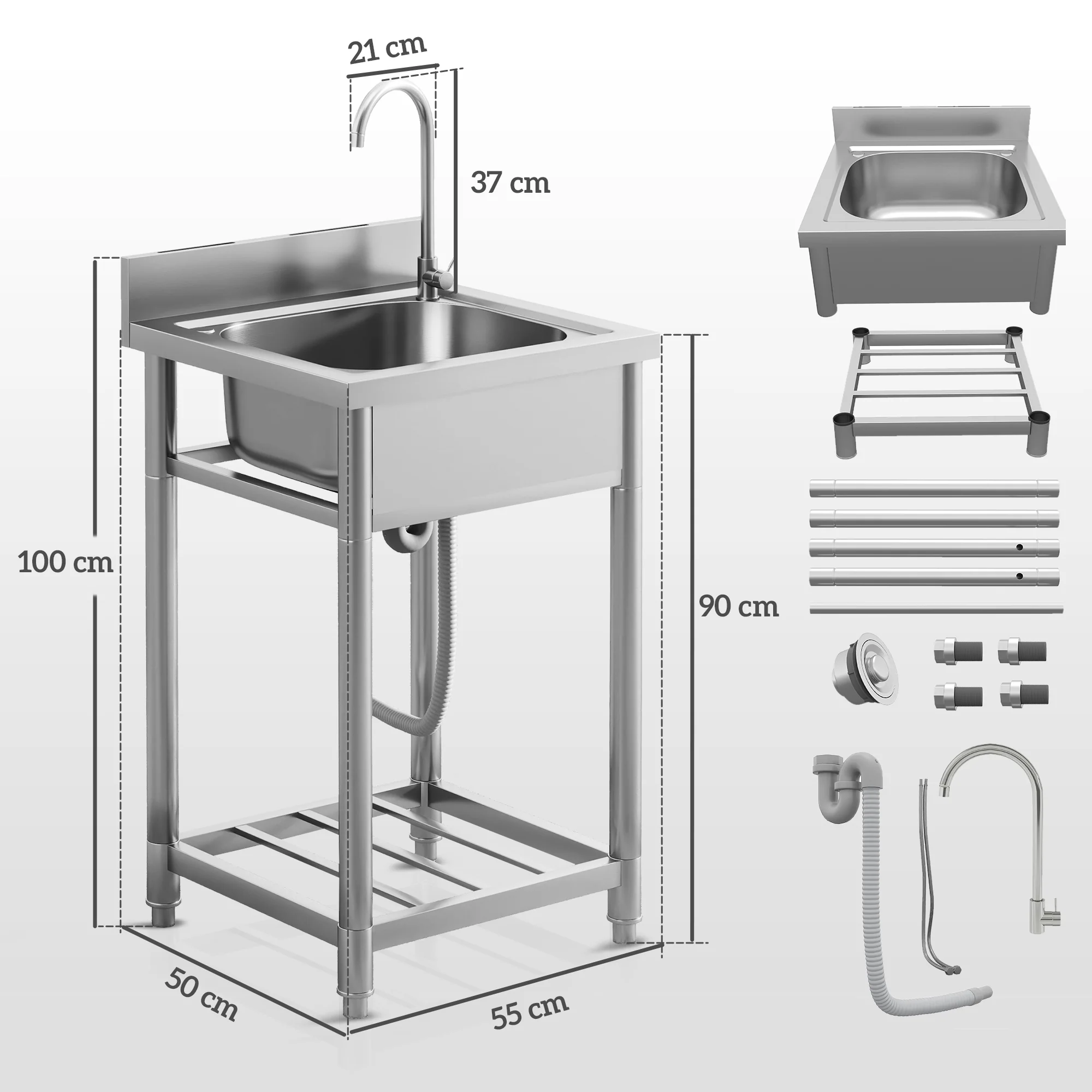 HOMCOM Stainless Steel Utility Sink with Cold and Hot Water Pipe Silver Tone - Image 5