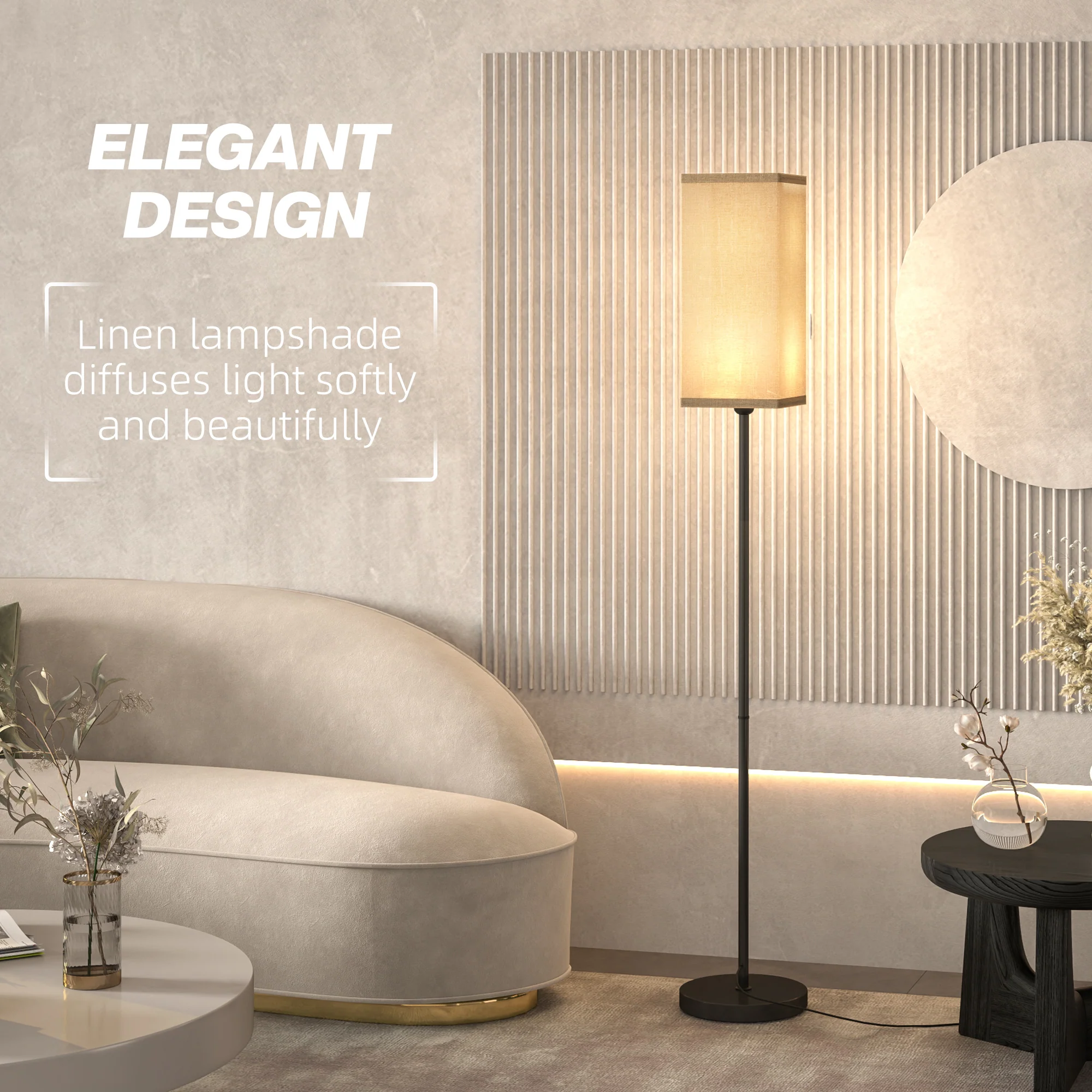 HOMCOM Standing Floor Lamp With Linen Shade For Living Room, Bedroom, Black - Image 3