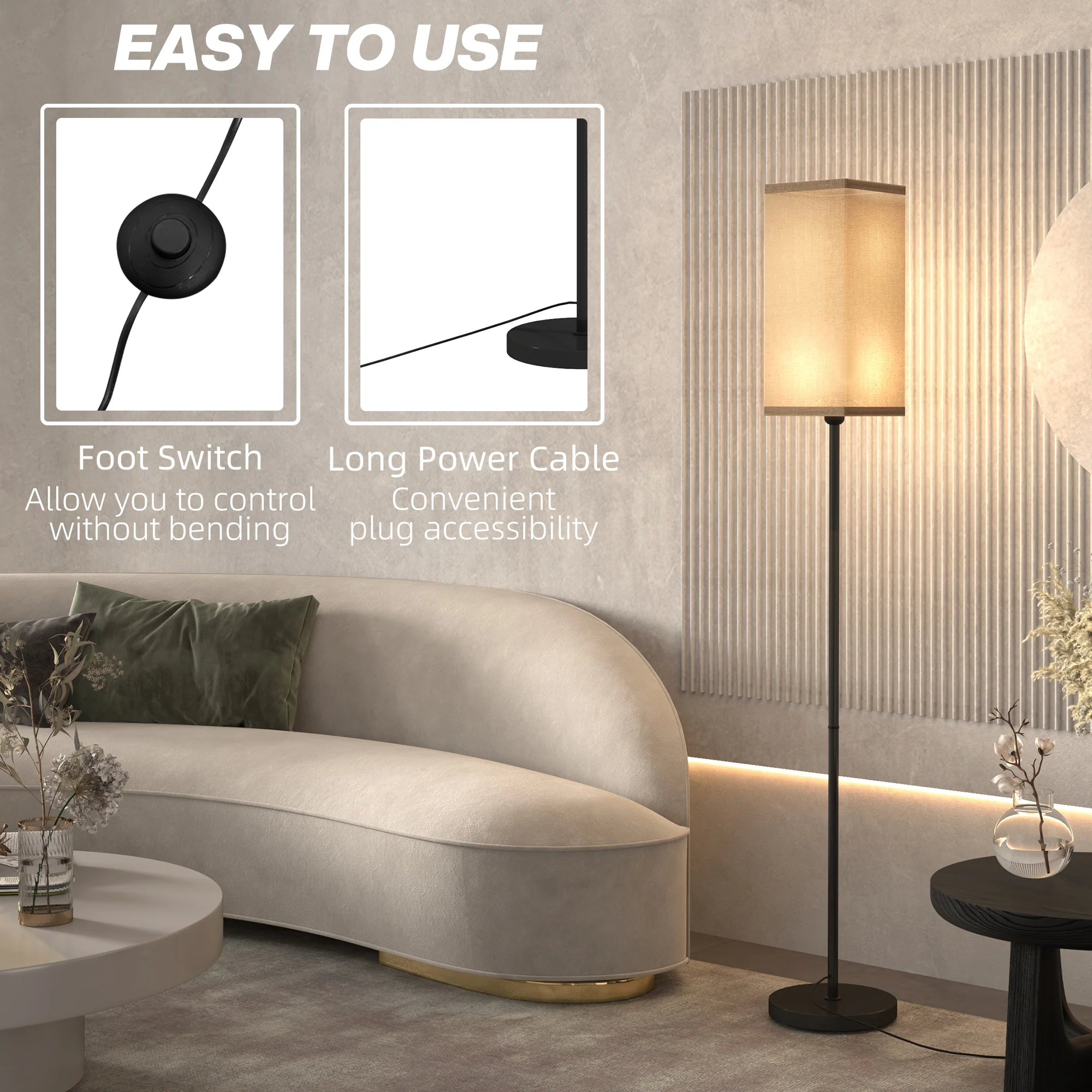 HOMCOM Standing Floor Lamp With Linen Shade For Living Room, Bedroom, Black - Image 7