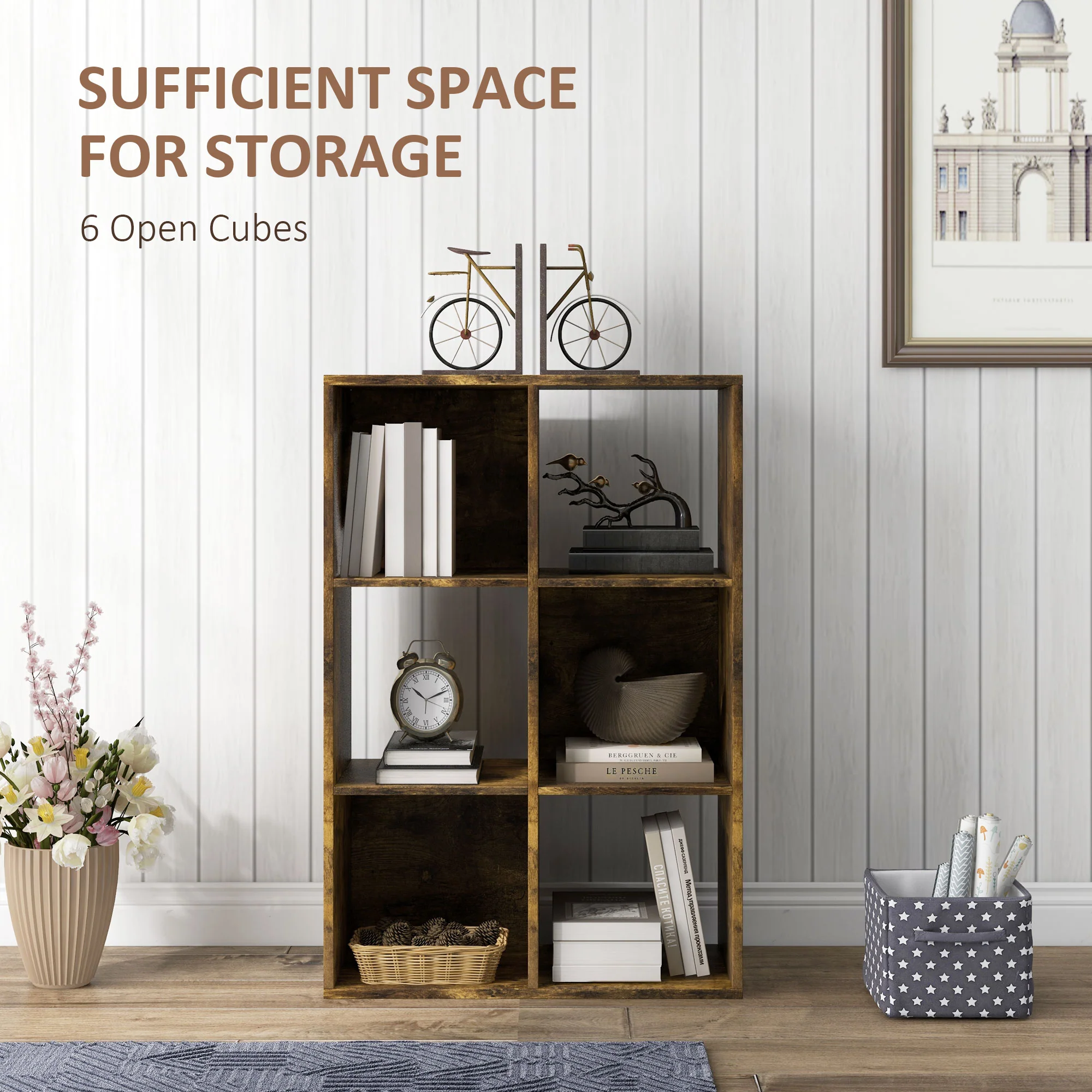 HOMCOM Storage Cabinet Bookcase 6 Cube For Home Office, Rustic Brown - Image 3