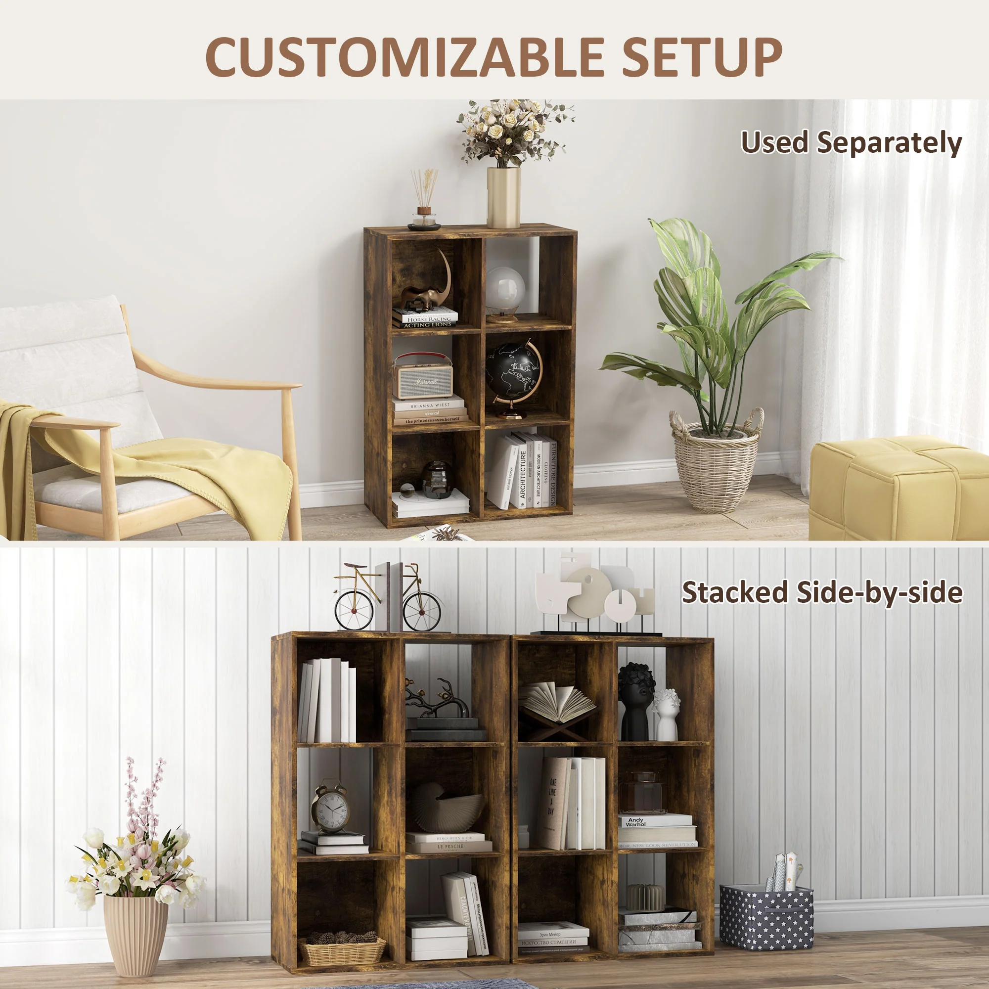 HOMCOM Storage Cabinet Bookcase 6 Cube For Home Office, Rustic Brown - Image 4