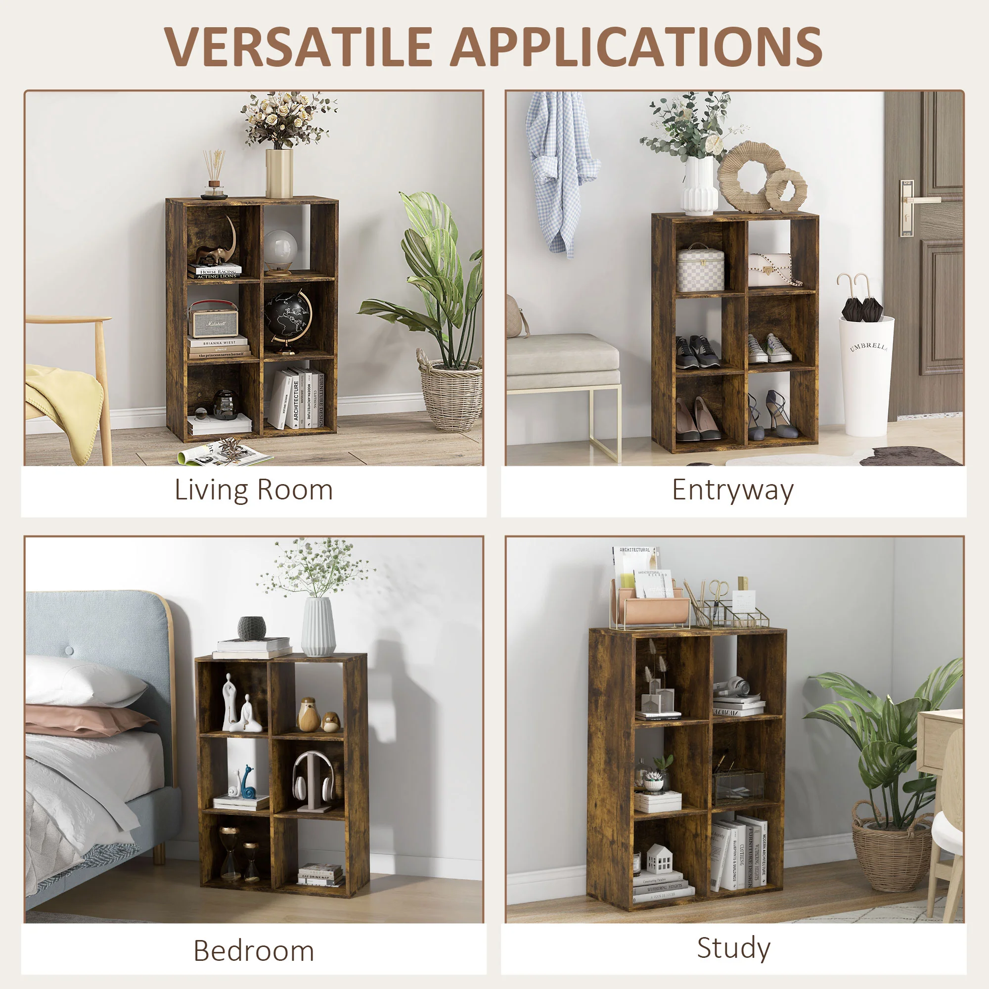 HOMCOM Storage Cabinet Bookcase 6 Cube For Home Office, Rustic Brown - Image 6