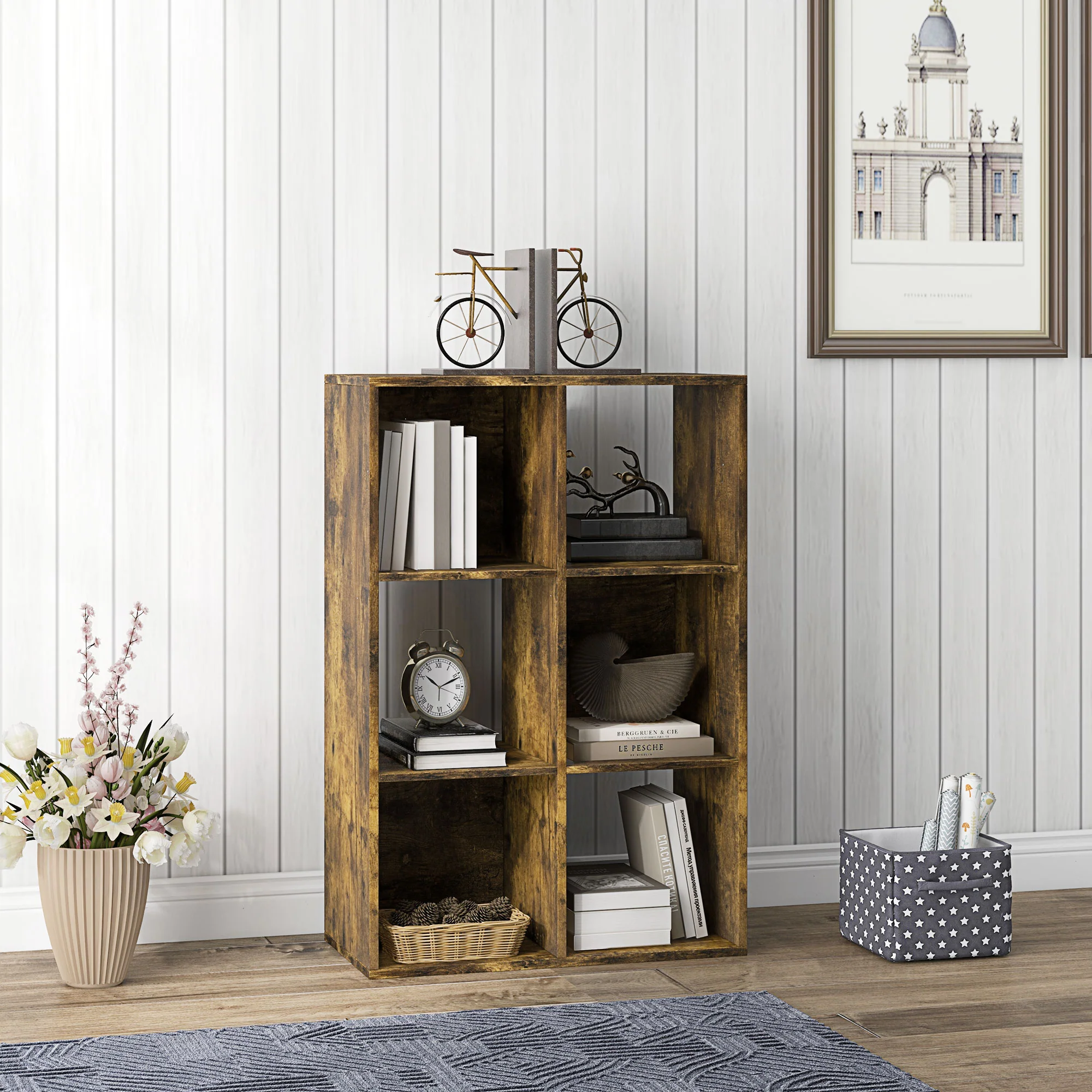 HOMCOM Storage Cabinet Bookcase 6 Cube For Home Office, Rustic Brown - Image 7