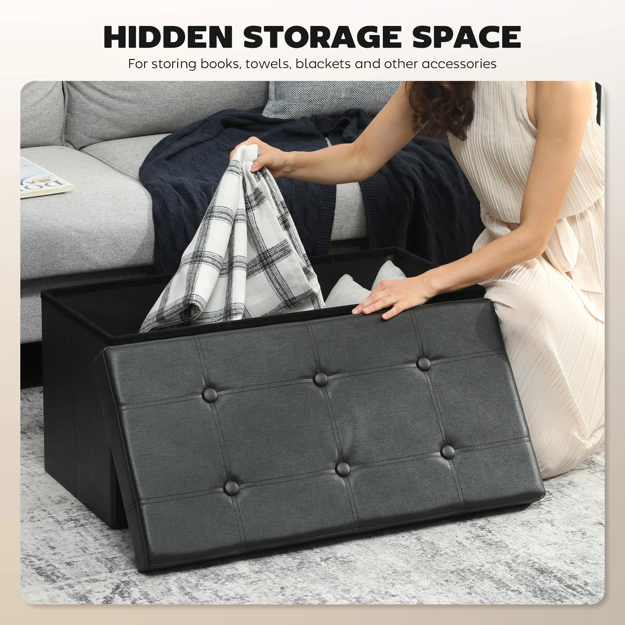 HOMCOM Storage Ottoman Bench, 89L PU Leather Folding Foot Rest, Black - Image 4