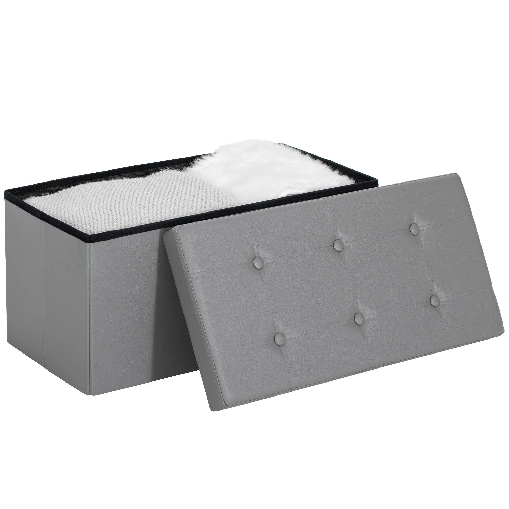 HOMCOM Storage Ottoman Bench, 89L PU Leather Folding Foot Rest, Grey