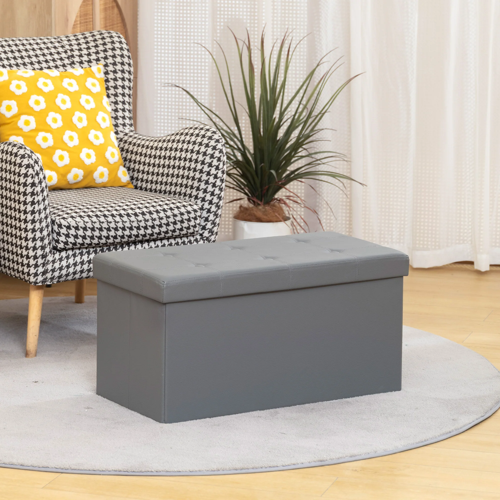 HOMCOM Storage Ottoman Bench, 89L PU Leather Folding Foot Rest, Grey - Image 2
