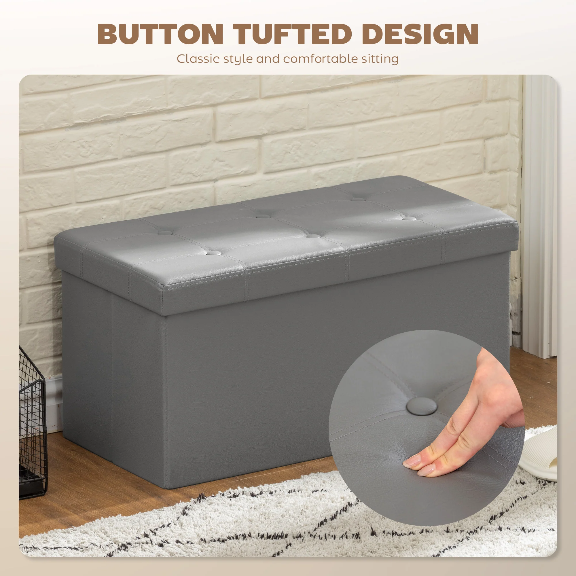 HOMCOM Storage Ottoman Bench, 89L PU Leather Folding Foot Rest, Grey - Image 3