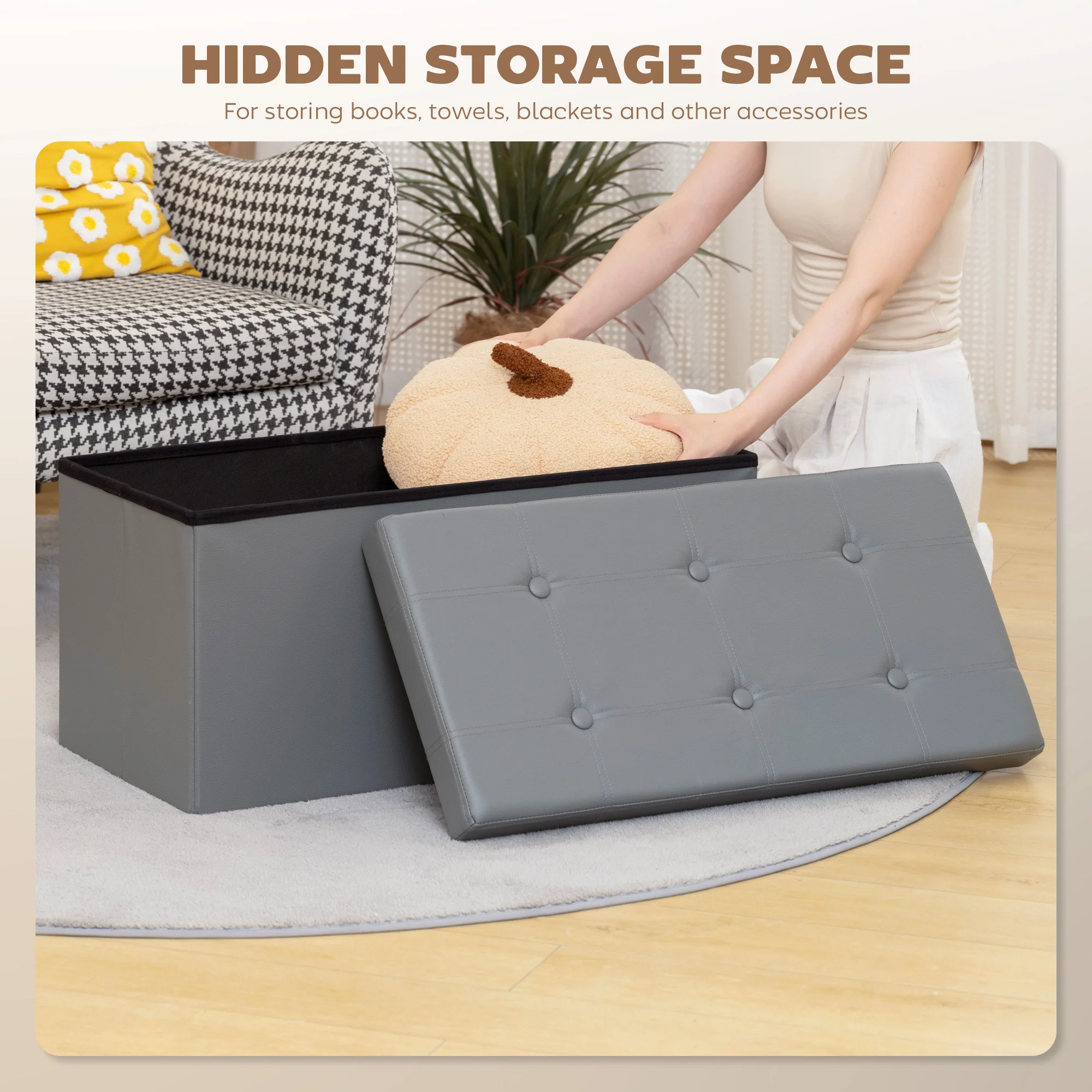 HOMCOM Storage Ottoman Bench, 89L PU Leather Folding Foot Rest, Grey - Image 4