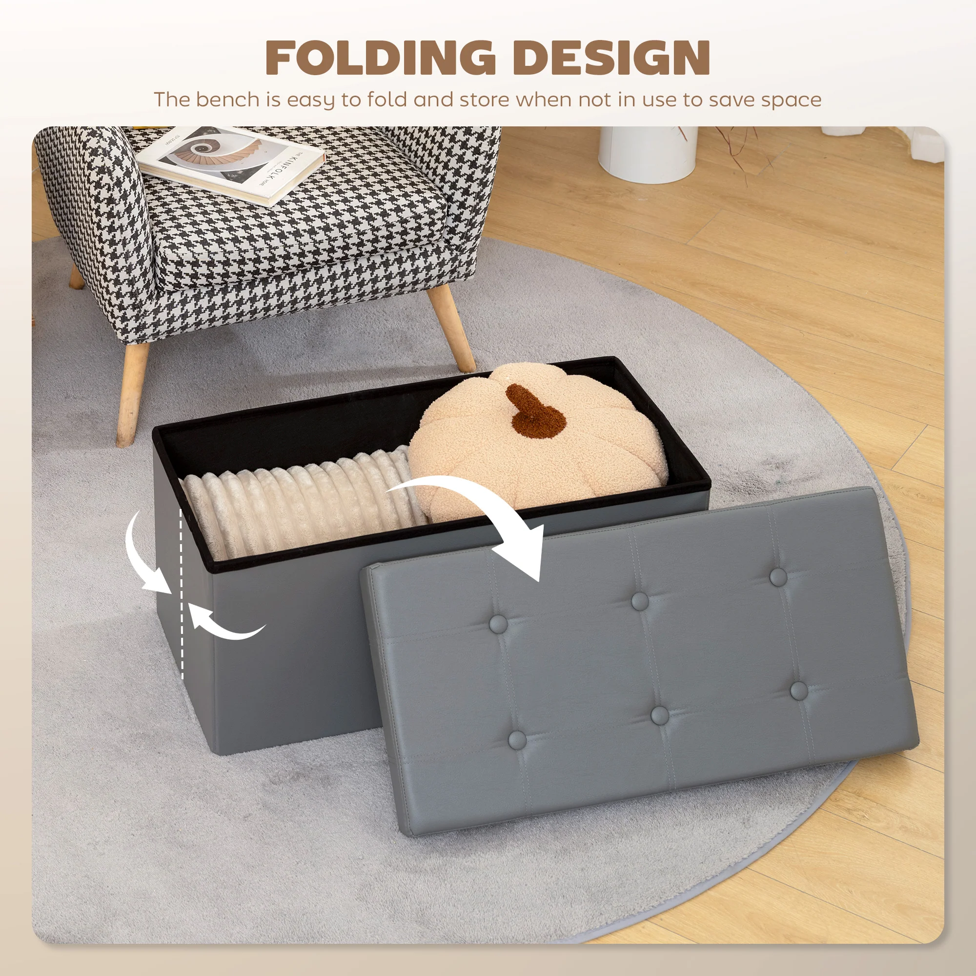 HOMCOM Storage Ottoman Bench, 89L PU Leather Folding Foot Rest, Grey - Image 6