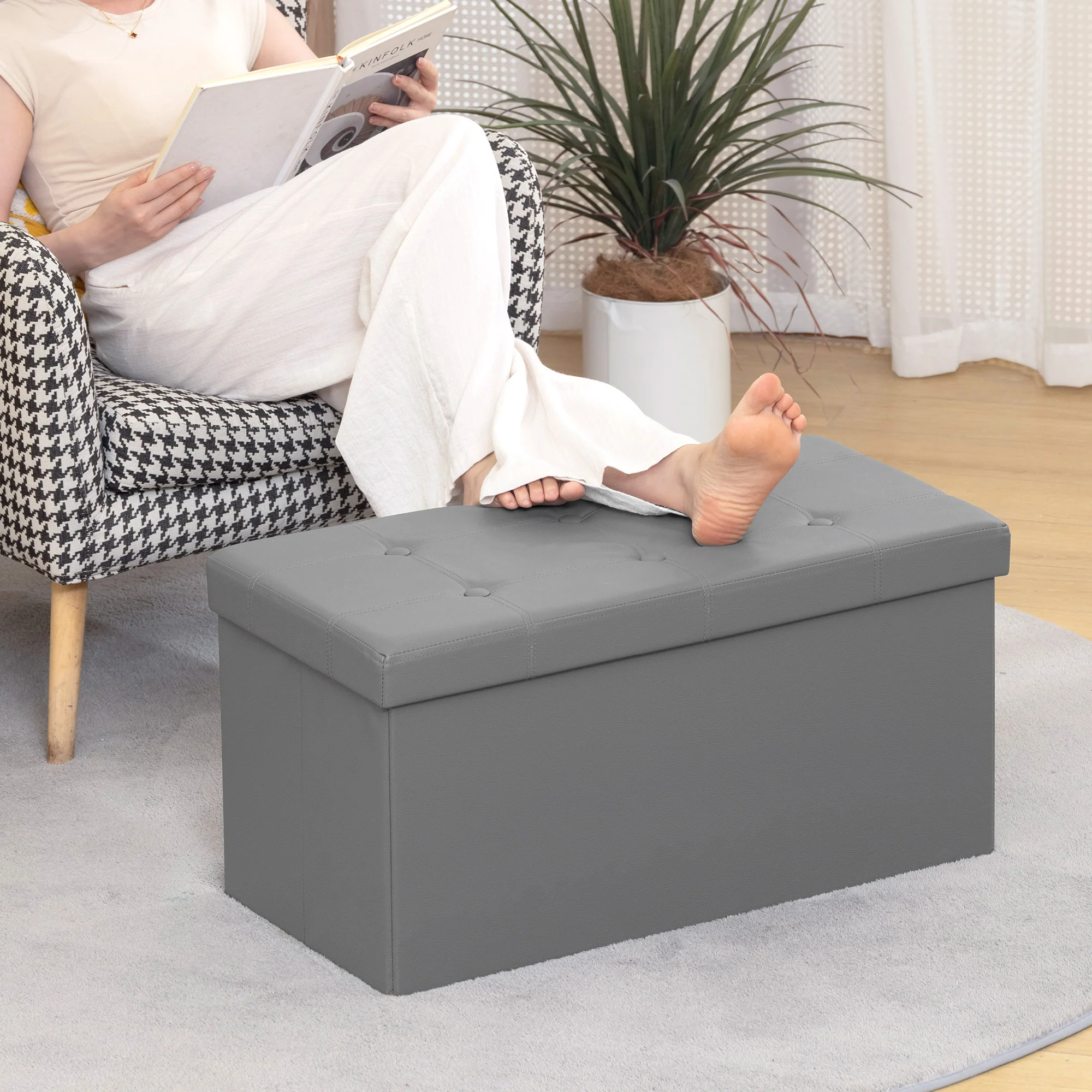 HOMCOM Storage Ottoman Bench, 89L PU Leather Folding Foot Rest, Grey - Image 7