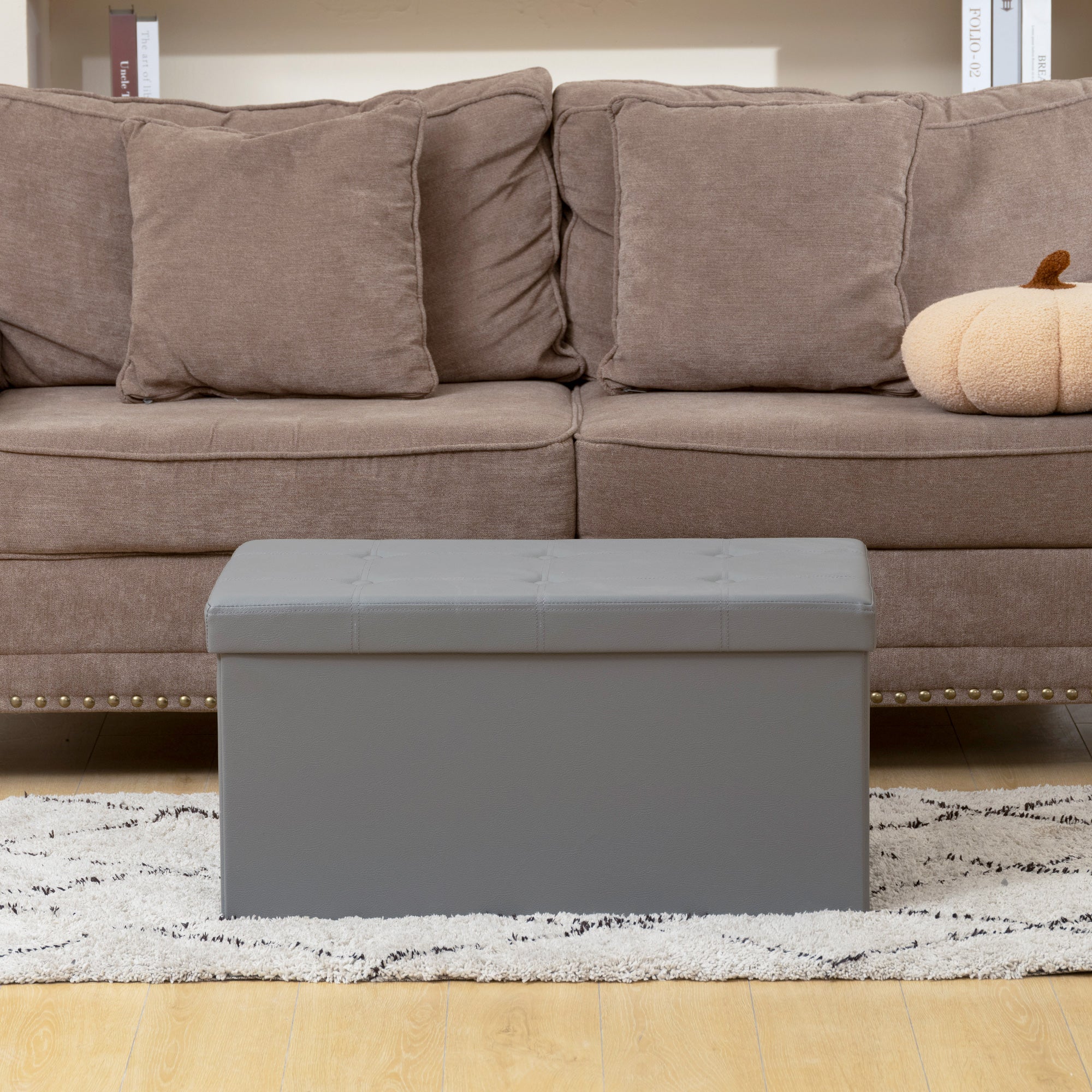 HOMCOM Storage Ottoman Bench, 89L PU Leather Folding Foot Rest, Grey - Image 8