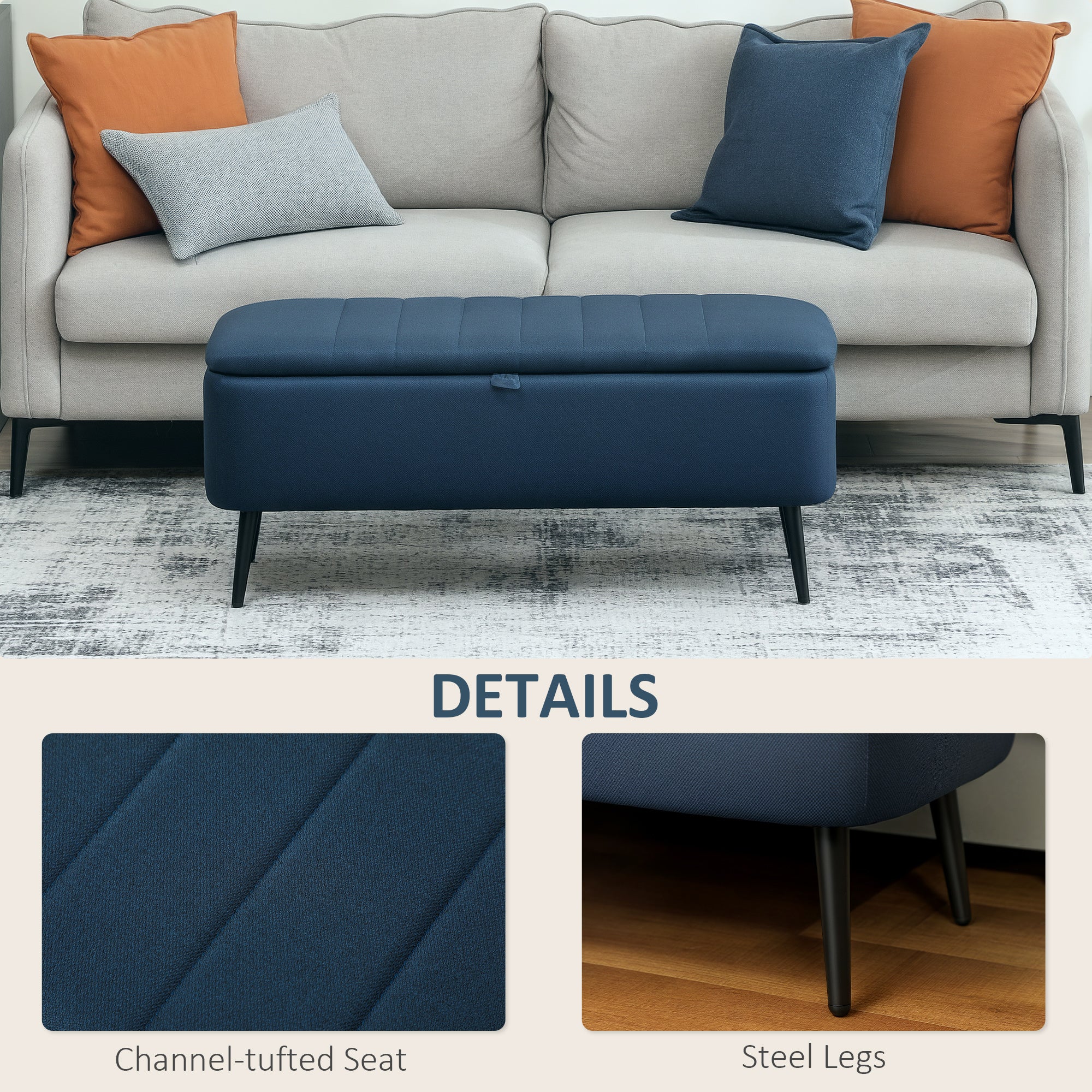 HOMCOM Storage Ottoman Bench, Linen Fabric Footstool With Steel Legs - Image 6