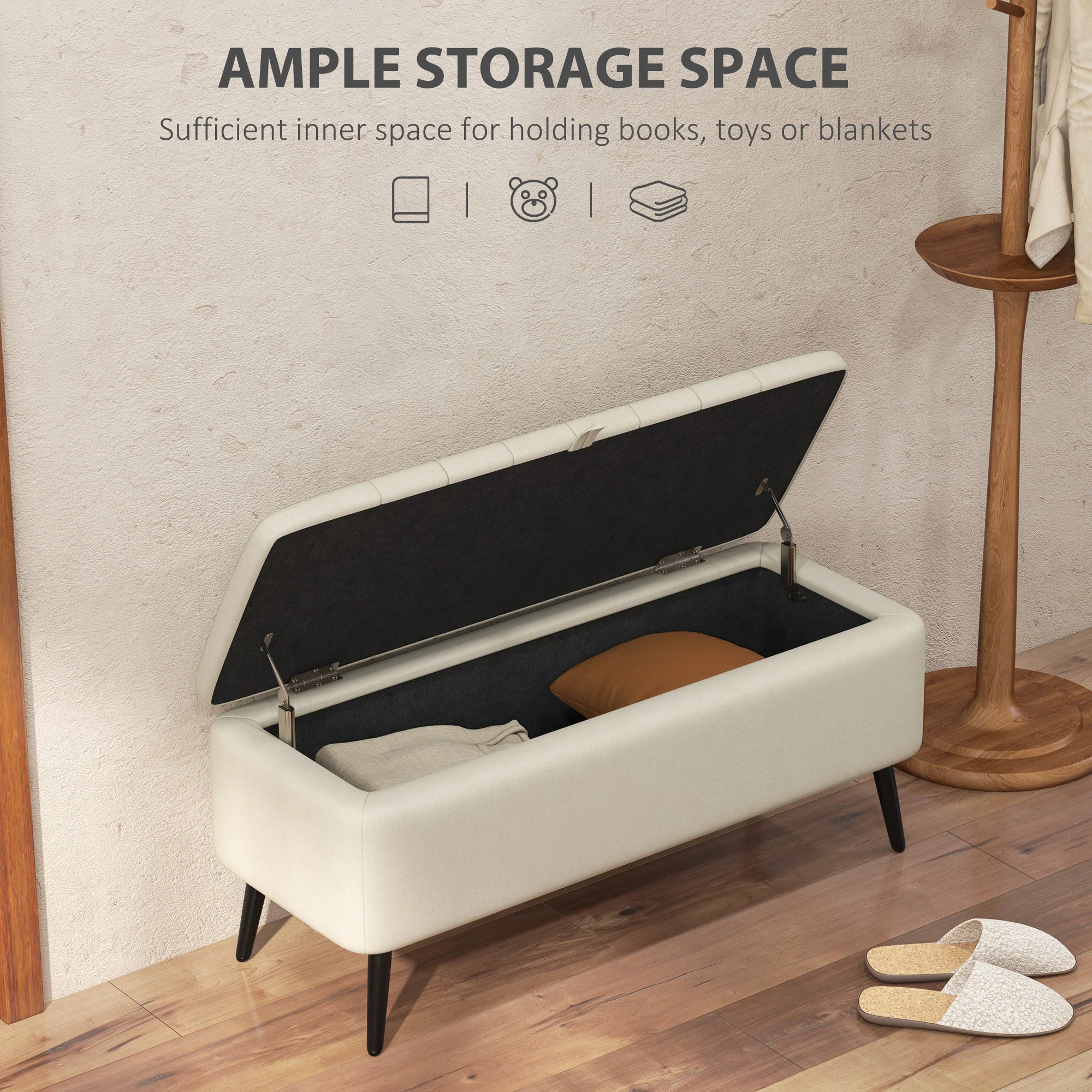 HOMCOM Storage Ottoman Bench, Linen Fabric Footstool With Steel Legs Cream White - Image 3