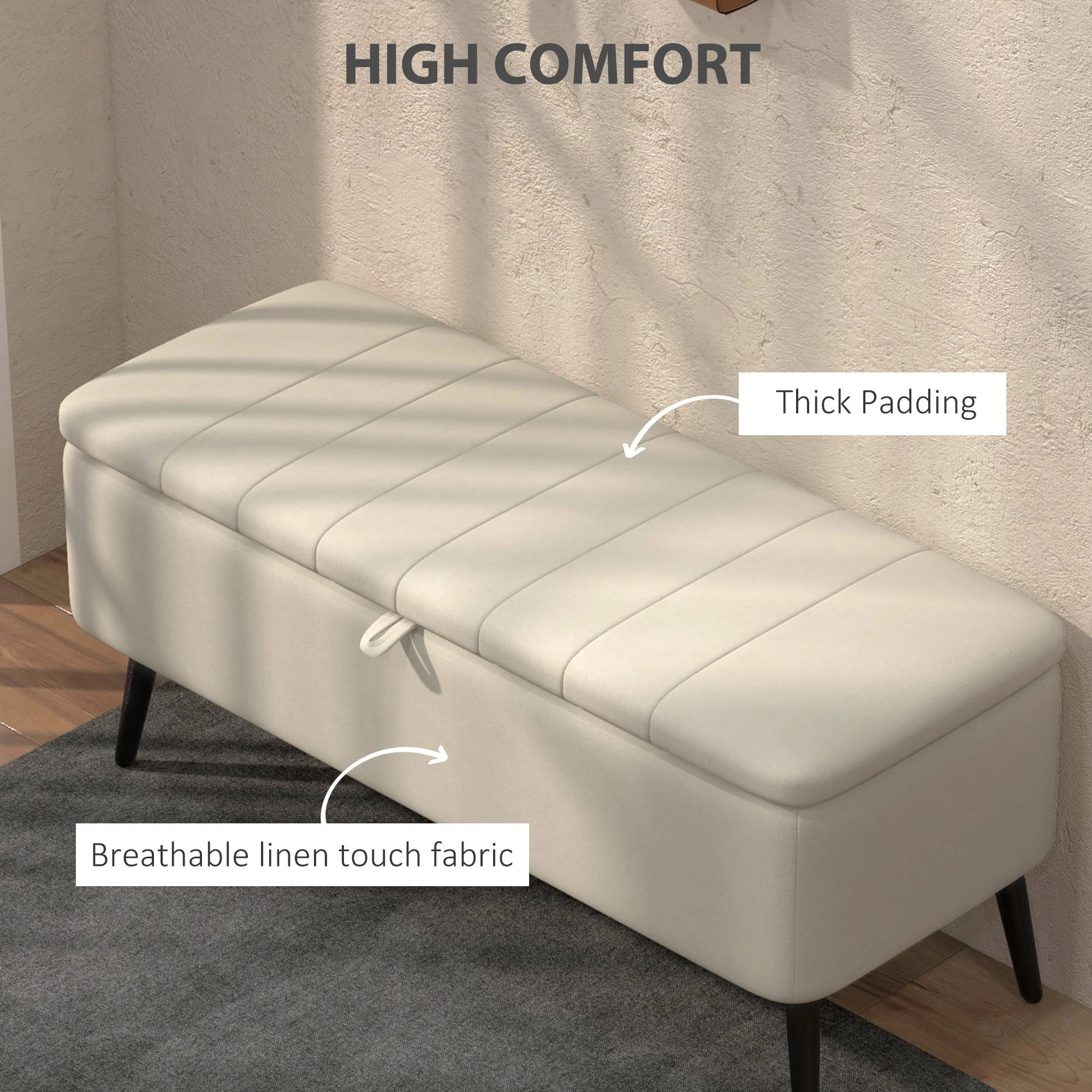 HOMCOM Storage Ottoman Bench, Linen Fabric Footstool With Steel Legs Cream White - Image 4
