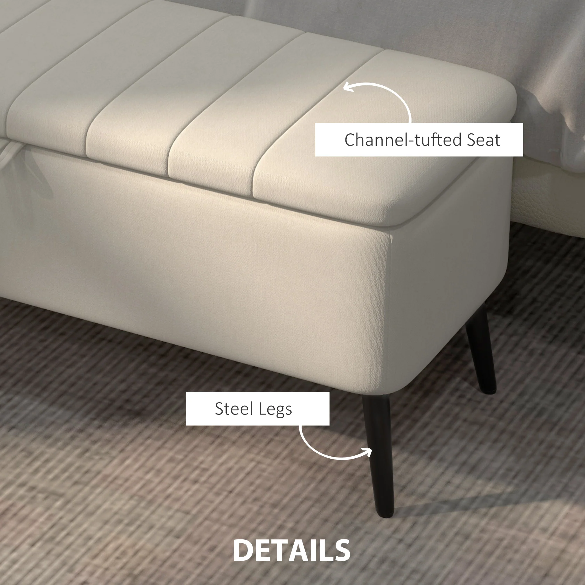HOMCOM Storage Ottoman Bench, Linen Fabric Footstool With Steel Legs Cream White - Image 6