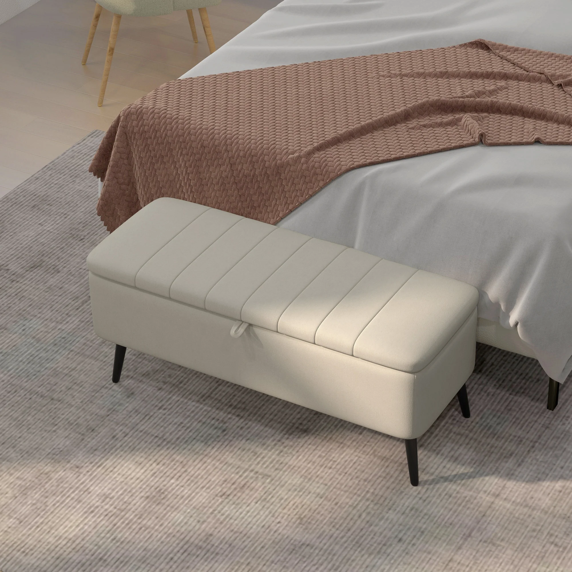HOMCOM Storage Ottoman Bench, Linen Fabric Footstool With Steel Legs Cream White - Image 7