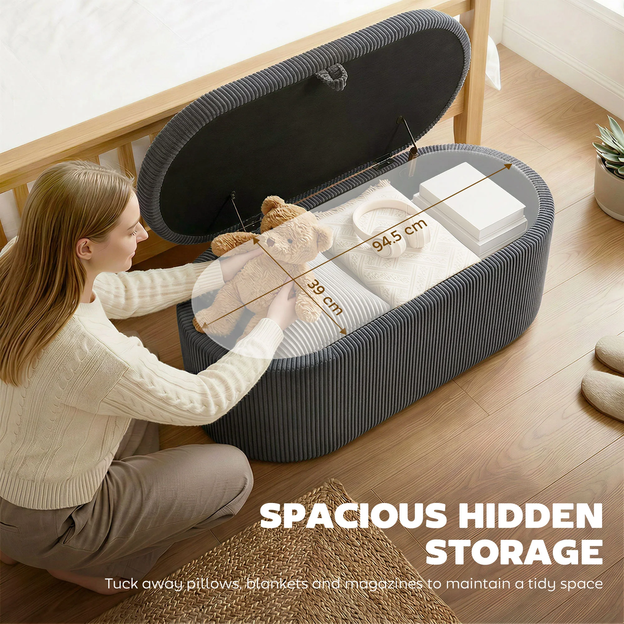HOMCOM Storage Ottoman, Corduroy Ottoman Storage Box with Padded Seat - Image 3