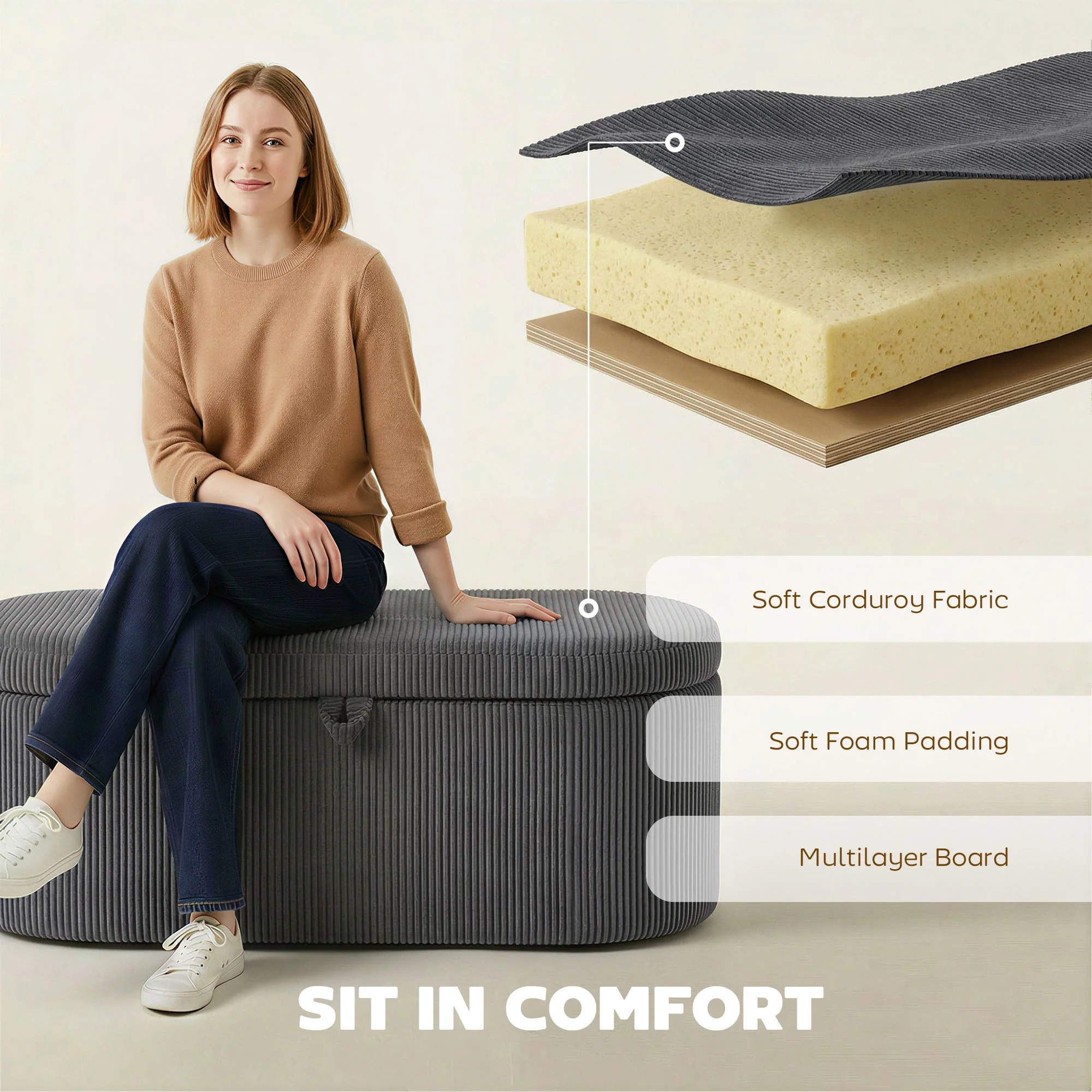 HOMCOM Storage Ottoman, Corduroy Ottoman Storage Box with Padded Seat - Image 4