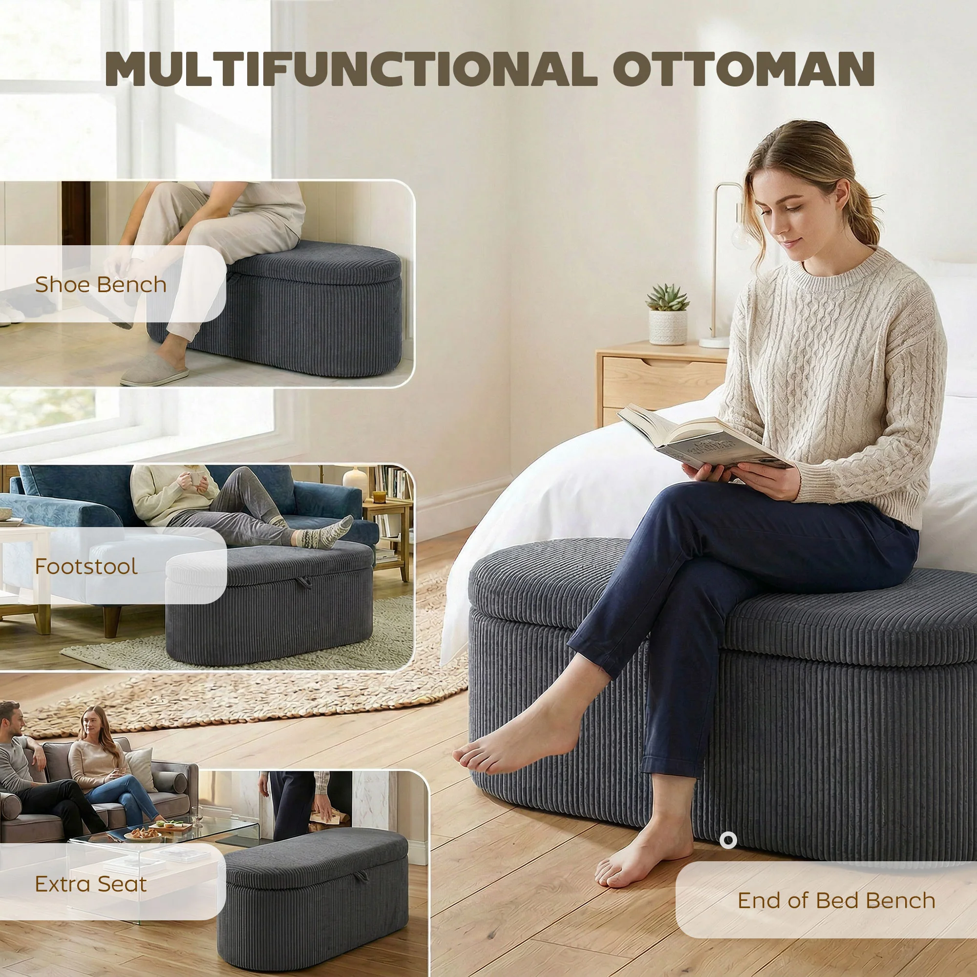 HOMCOM Storage Ottoman, Corduroy Ottoman Storage Box with Padded Seat - Image 7