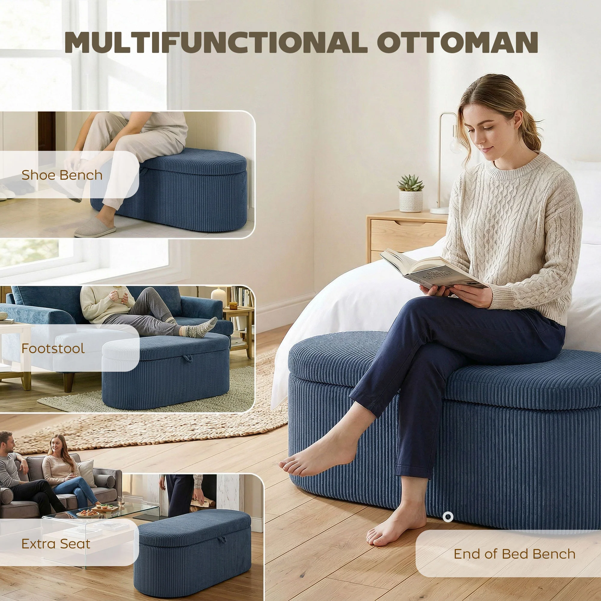 HOMCOM Storage Ottoman, Corduroy Ottoman Storage Box With Padded Seat, Blue - Image 7