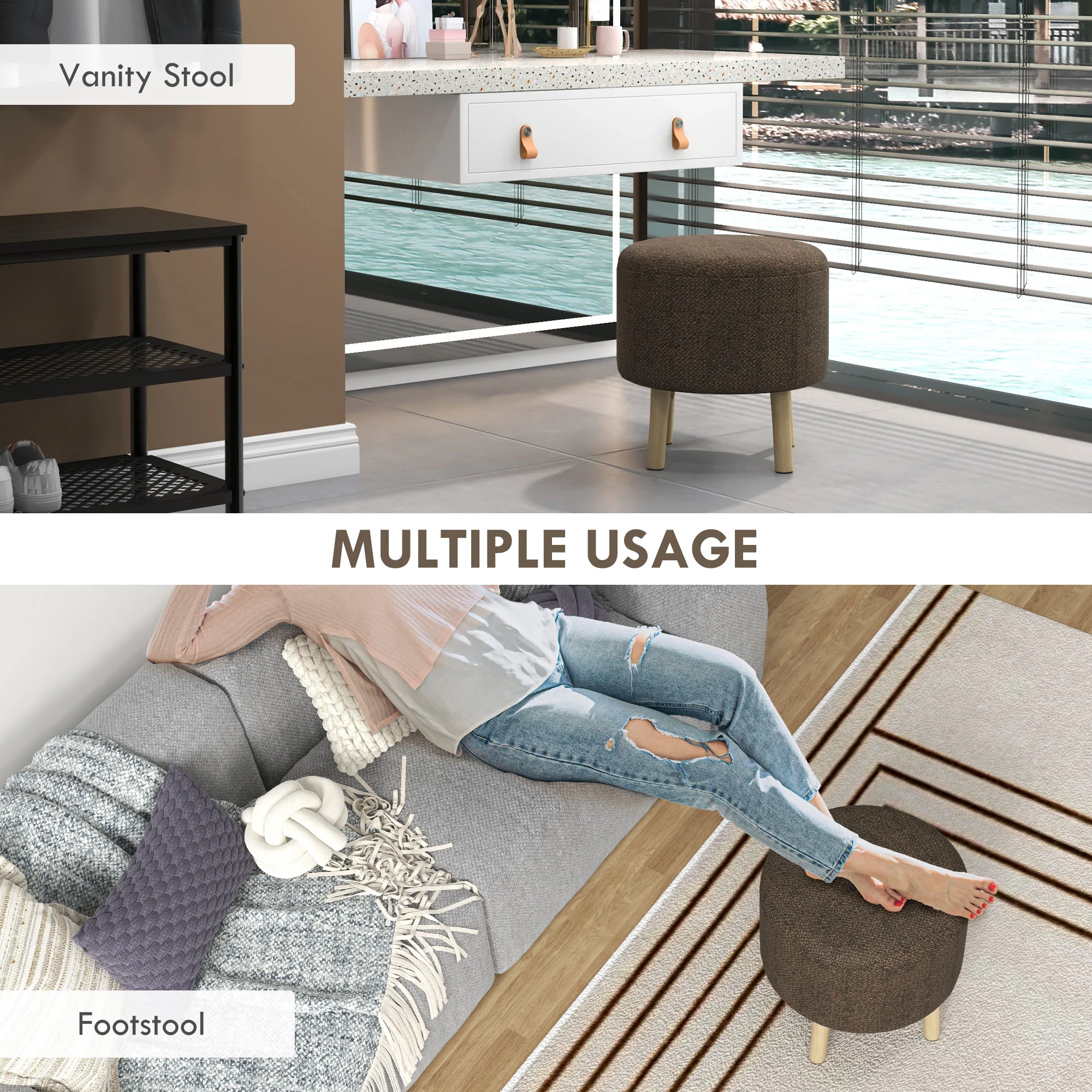HOMCOM Storage Ottoman, Round Stool Chair With Cushioned Top, Brown - Image 6